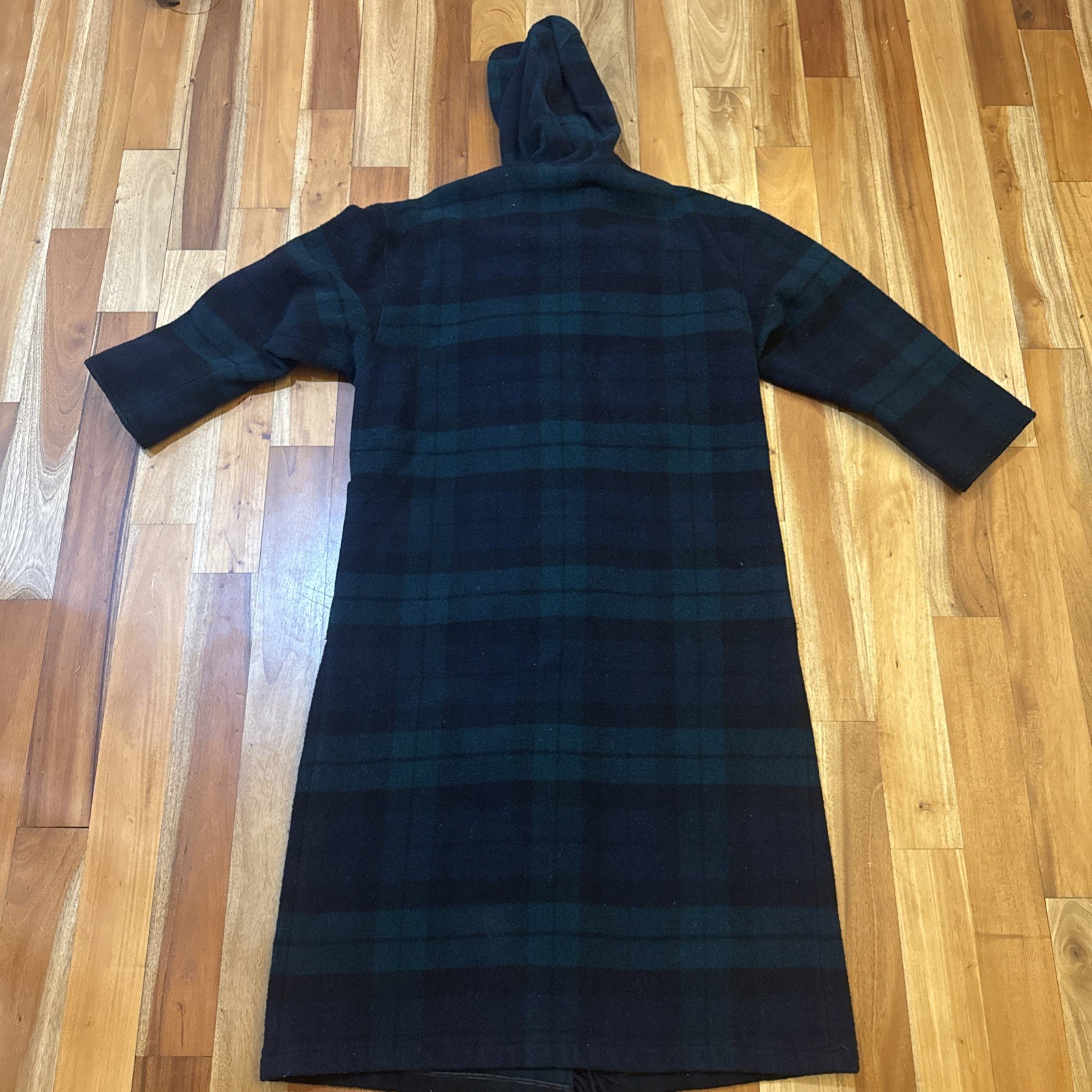 VTG 80s L.L. Bean Plaid Tartan Green Multi Fringe Wool Coat Hood Womens Large