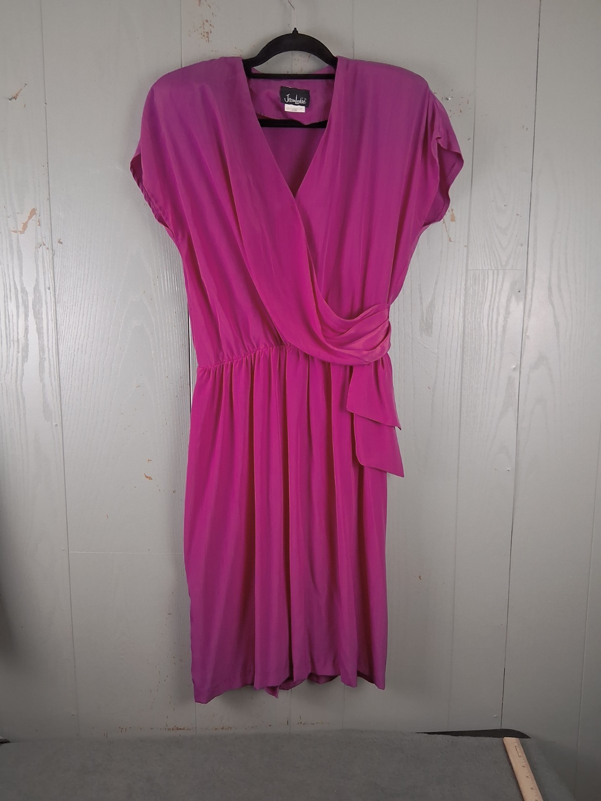 Vintage 70s Jean Leslie Dress Fuchsia 16 M Secretary Retro Faux Wrap Silky Drape