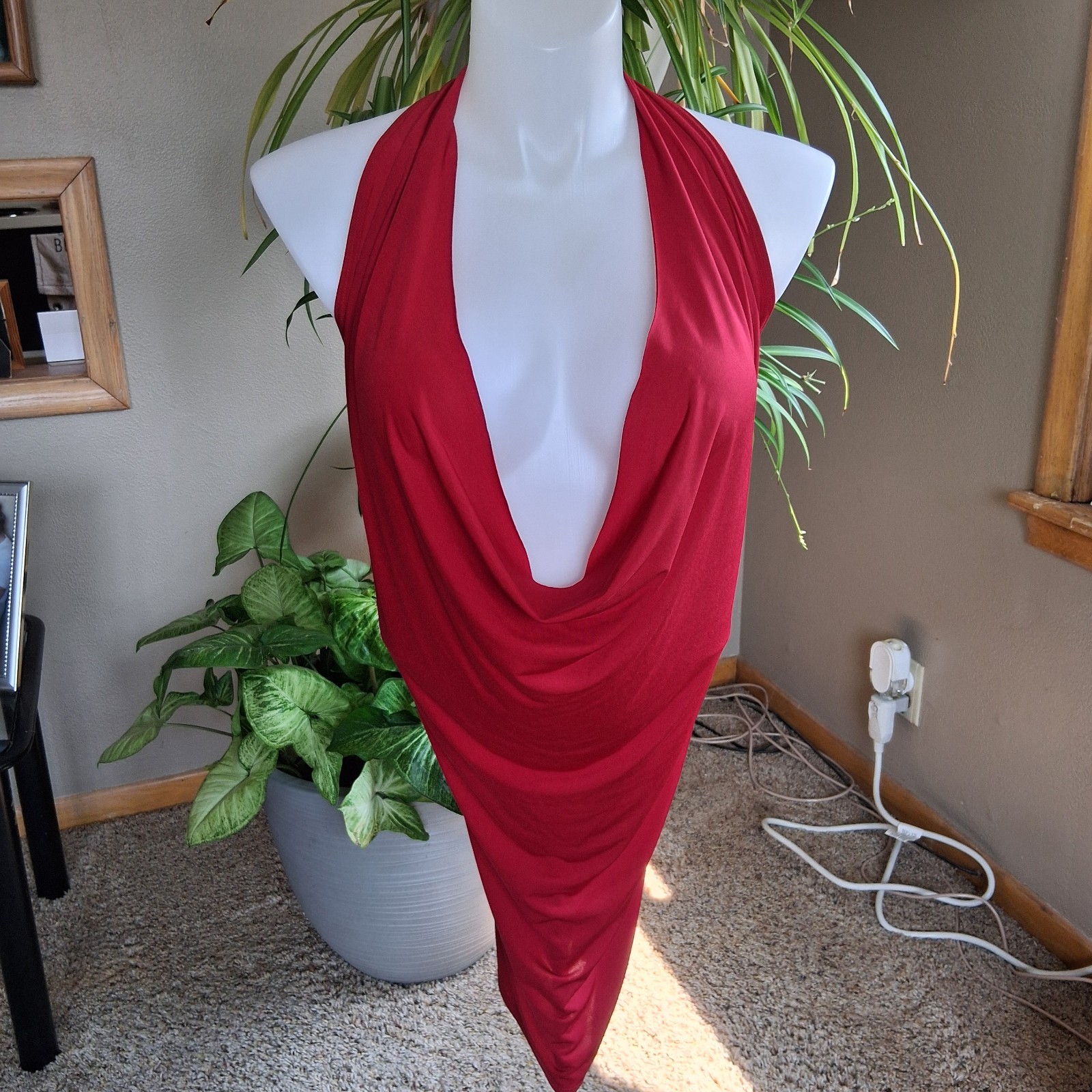 Vintage Y2K Frederick’s Hollywood Red Halter Dress Open Back Clubwear Glam L USA