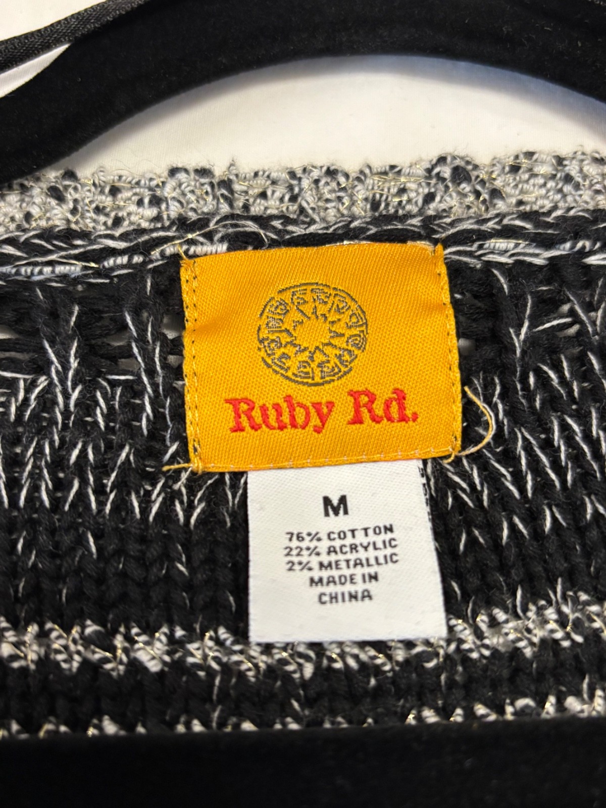 Ruby Rd. Cardigan Jacket Open Front Black White Gold Accents Size M
