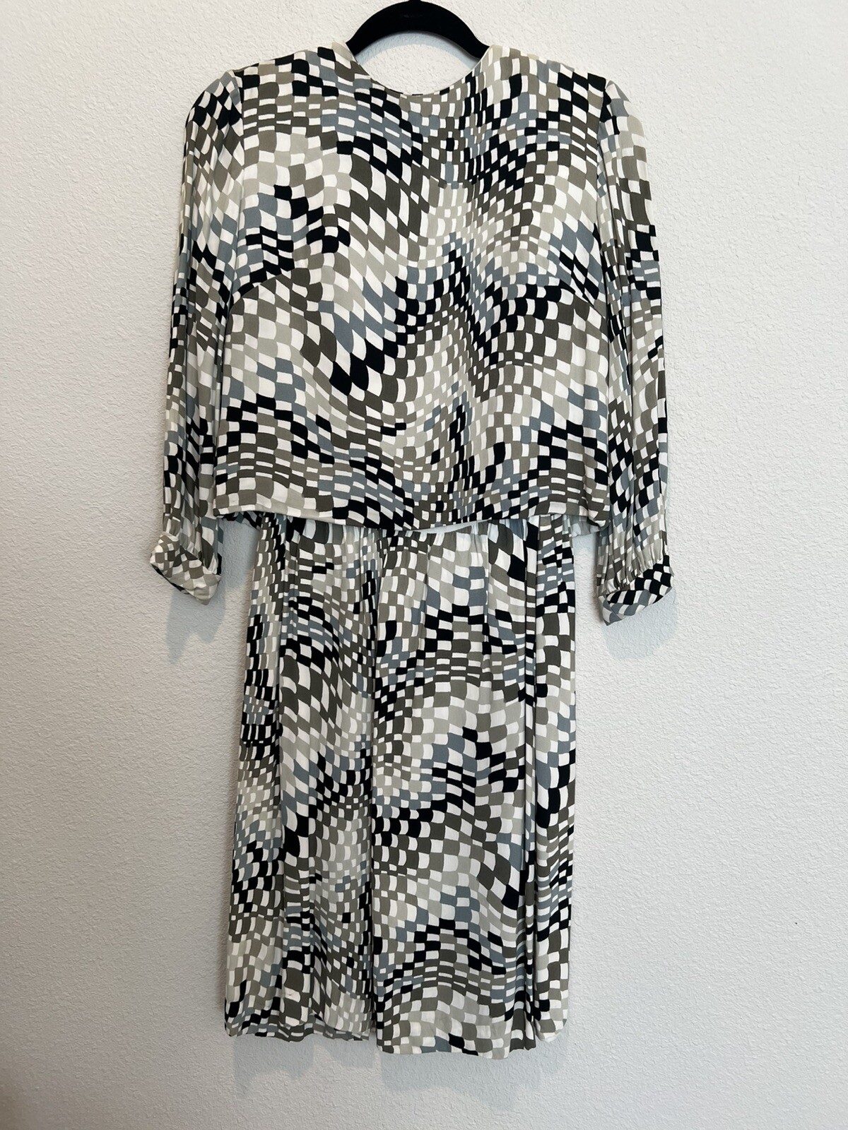 VTG 60s Bud Kilpatrick Checkered Print 2 Piece Dress Black White Brown Geometric