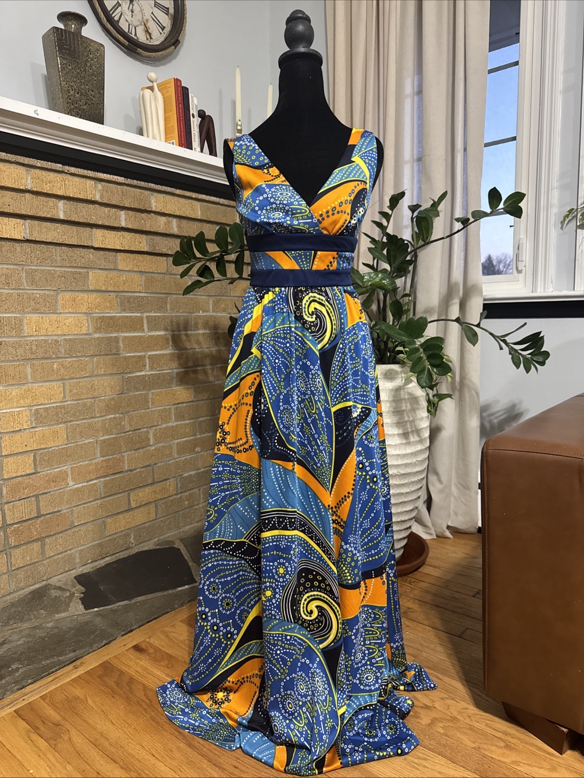 Vintage 60s Don Luis De Espana Blue Maxi Dress Psychedelic Hawaiian Spain Sz 8