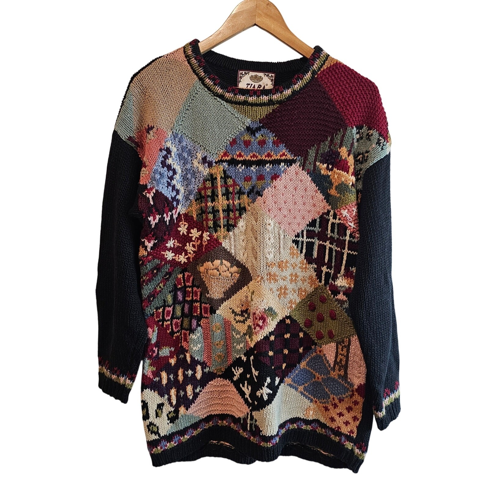Vintage Tiara Sweater Womens Med Black Knit Floral Patchwork Cottage Grandmacore