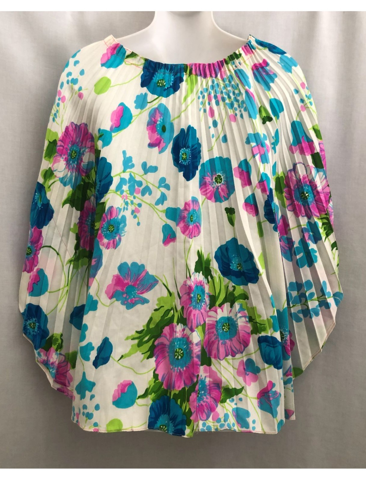 Vintage 70s Neon Floral Caftan Tunic Accordion Pleat Size S-M