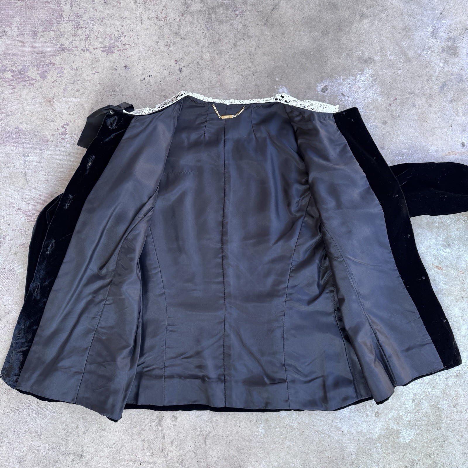 Vtg 80s Celine Velvet Blouse Lace Peter Pan Collar Jacket Tie Ribbon Silk Paris