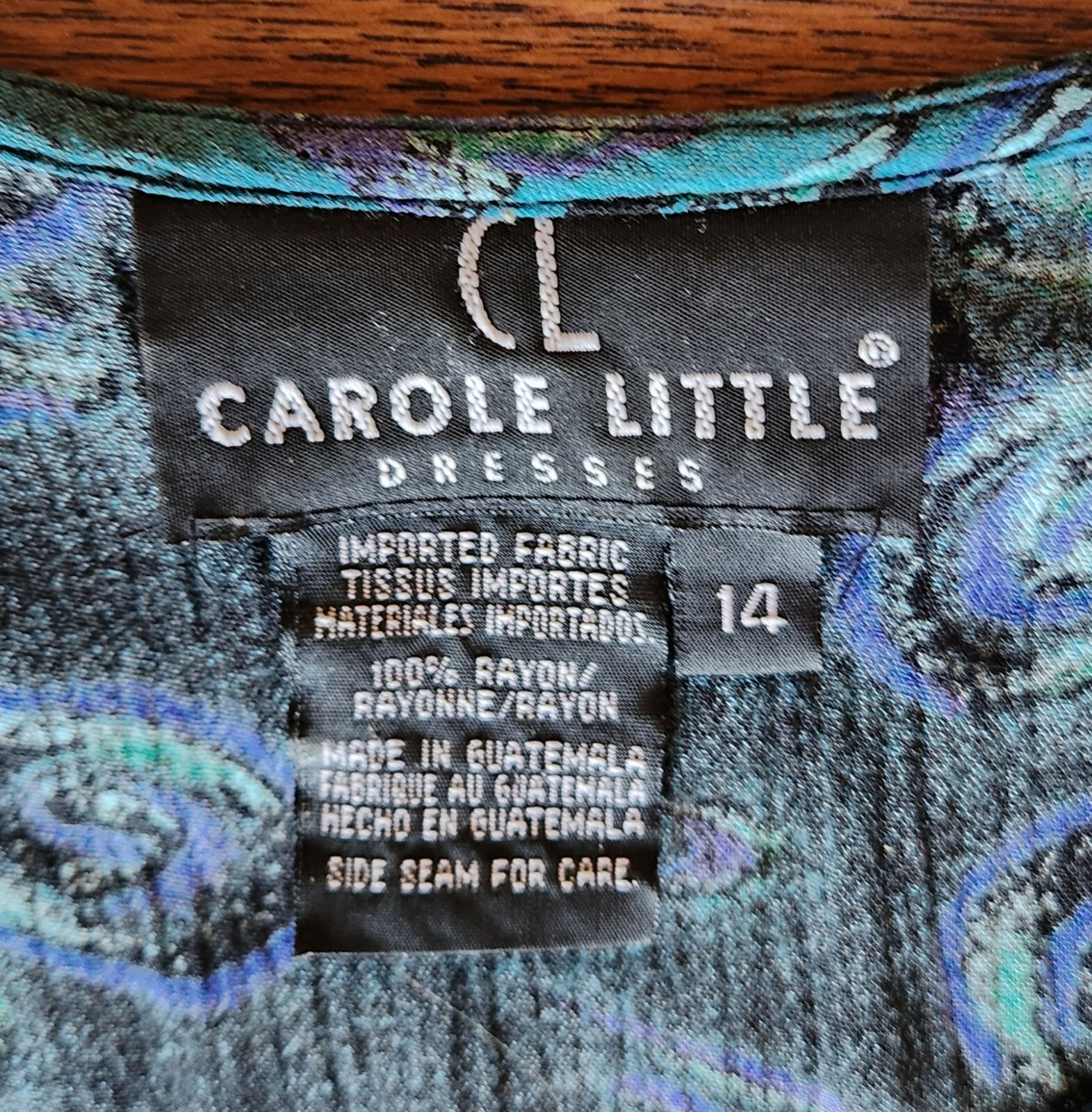 Carol Little Vintage 90s Blues Purple Black Bohemian Dress Short sleeve Size 14