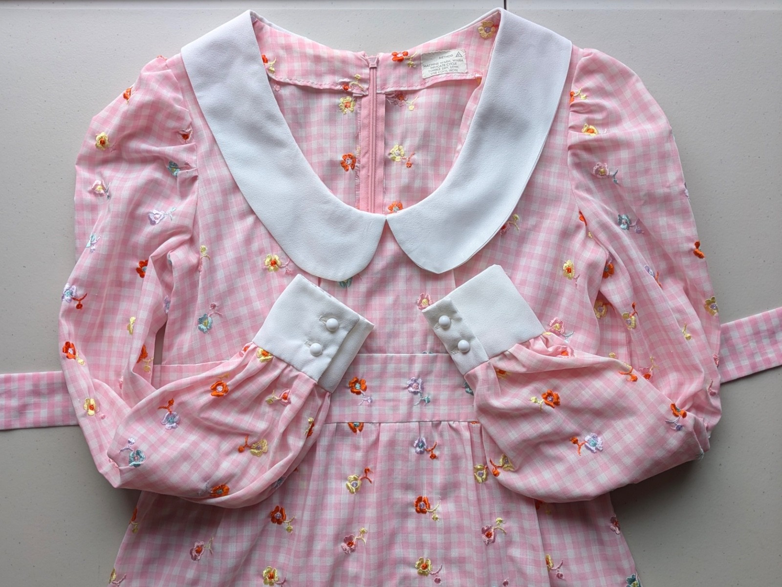 Vintage 70s Gingham Maxi Dress Empire Waist Gown Peter Pan Collar Pastel Kawaii