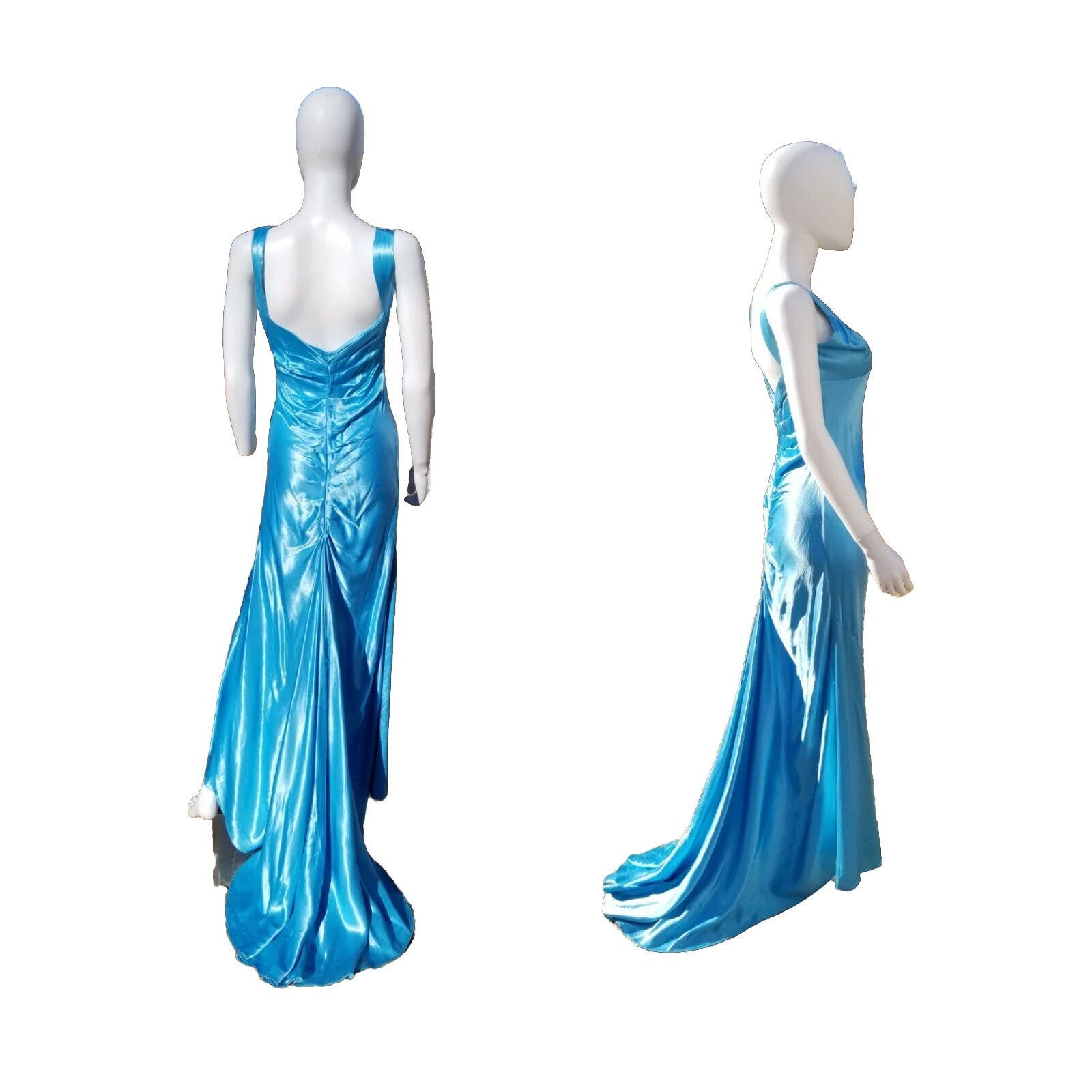 Vtg 90s Zum Zum Niki Livas Blue Satin Bias Cocktail Gown Ruched Back prom dress