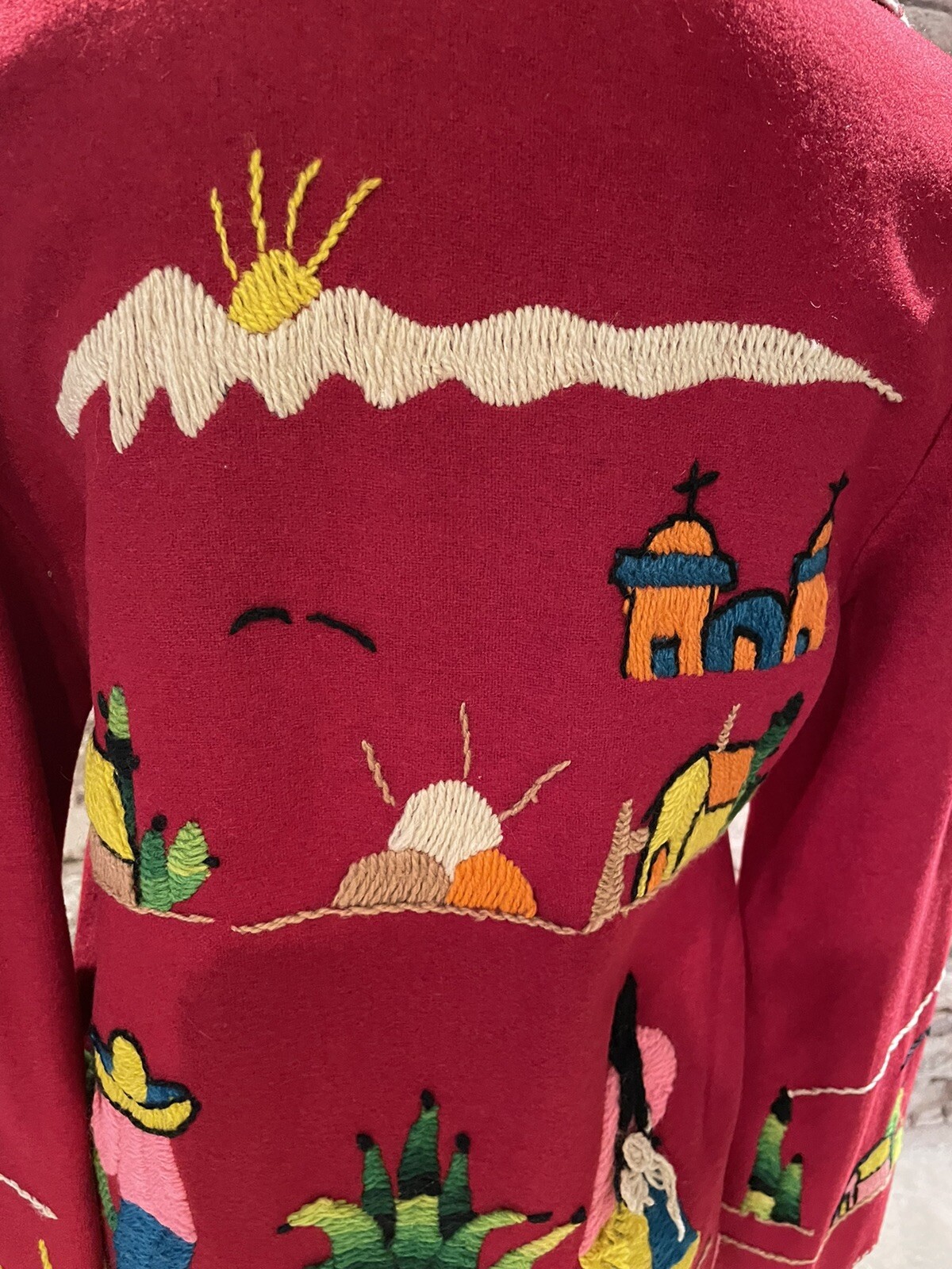 Lovely Vintage Red Embroidered Wool Felt Mexican Jacket Size S