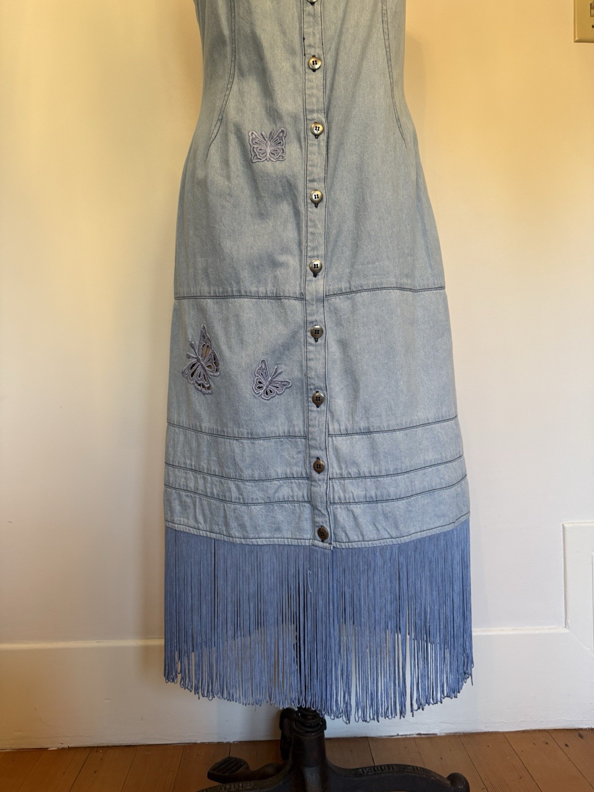 Vintage Together Denim Fringe Butterfly Cutouts Dress Cowgirl Western Festival M