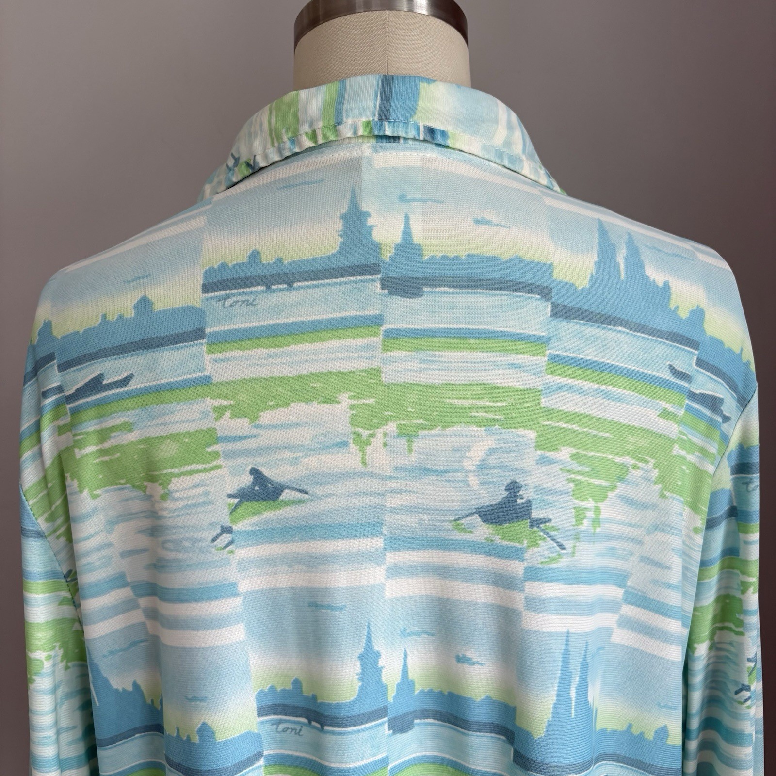 Vintage 1970’s Toni Row Boat Cityscape Print Dagger Collar Button Down Shirt L