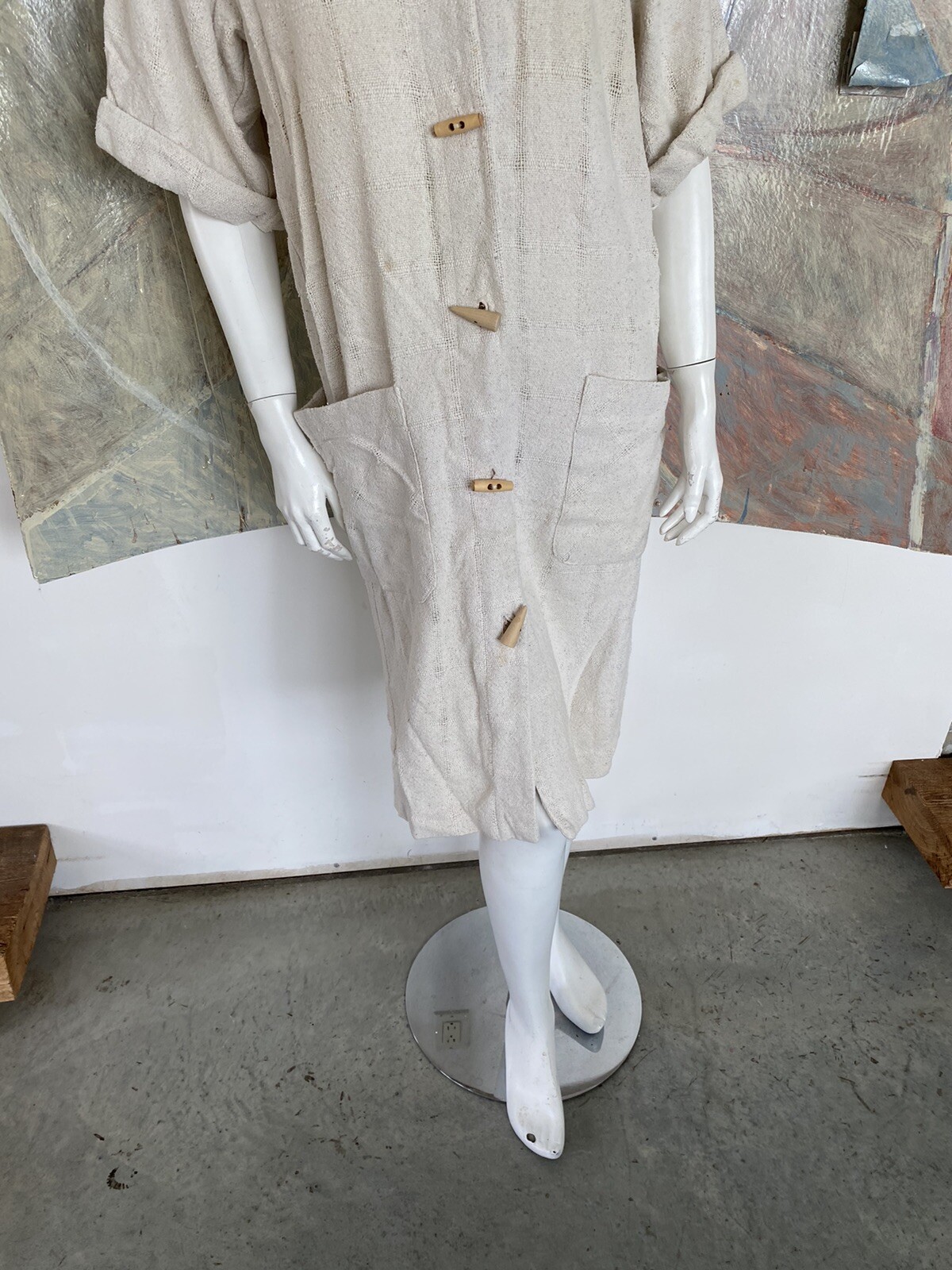 Vintage Regina Kravitz Dress Cream Linen Pocketed Size 6 Mid Length Boho Shift