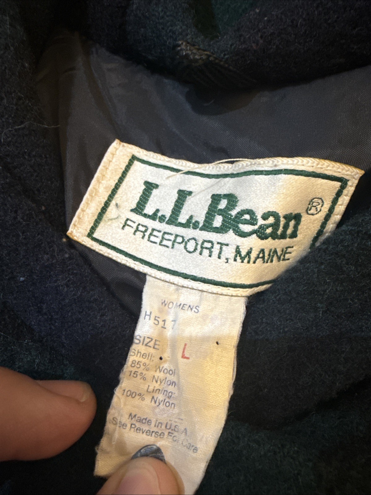 VTG 80s L.L. Bean Plaid Tartan Green Multi Fringe Wool Coat Hood Womens Large