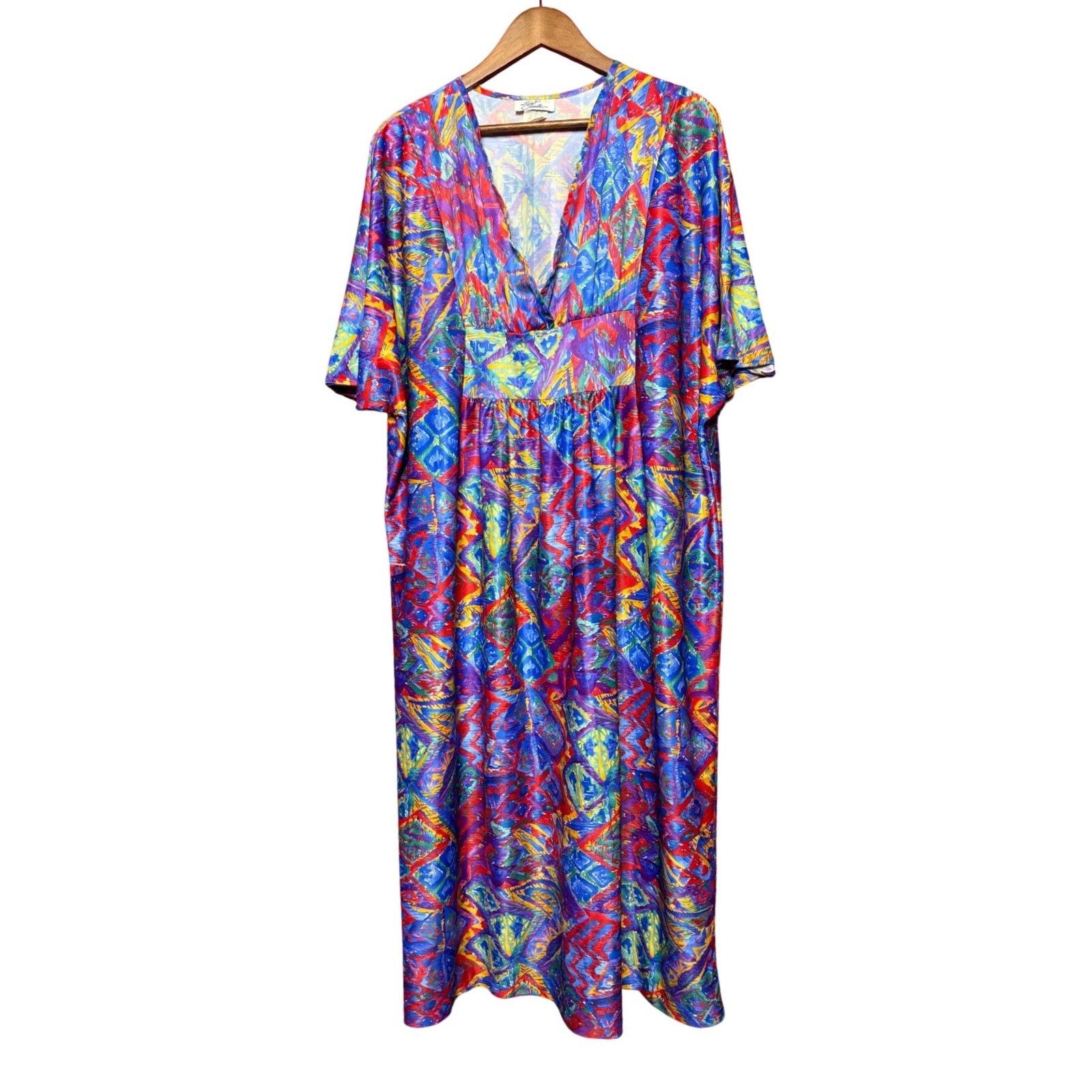 VTG Lady Camille Women One Size Geometric Colorful Blue Red V-Neck Kaftan Muumuu