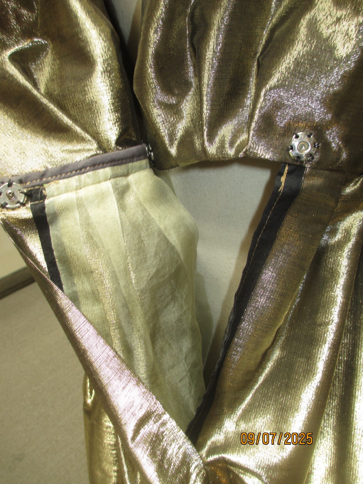 Handmade gold metallic vintage dress 1950s, sz M, surplice neckline w pleating