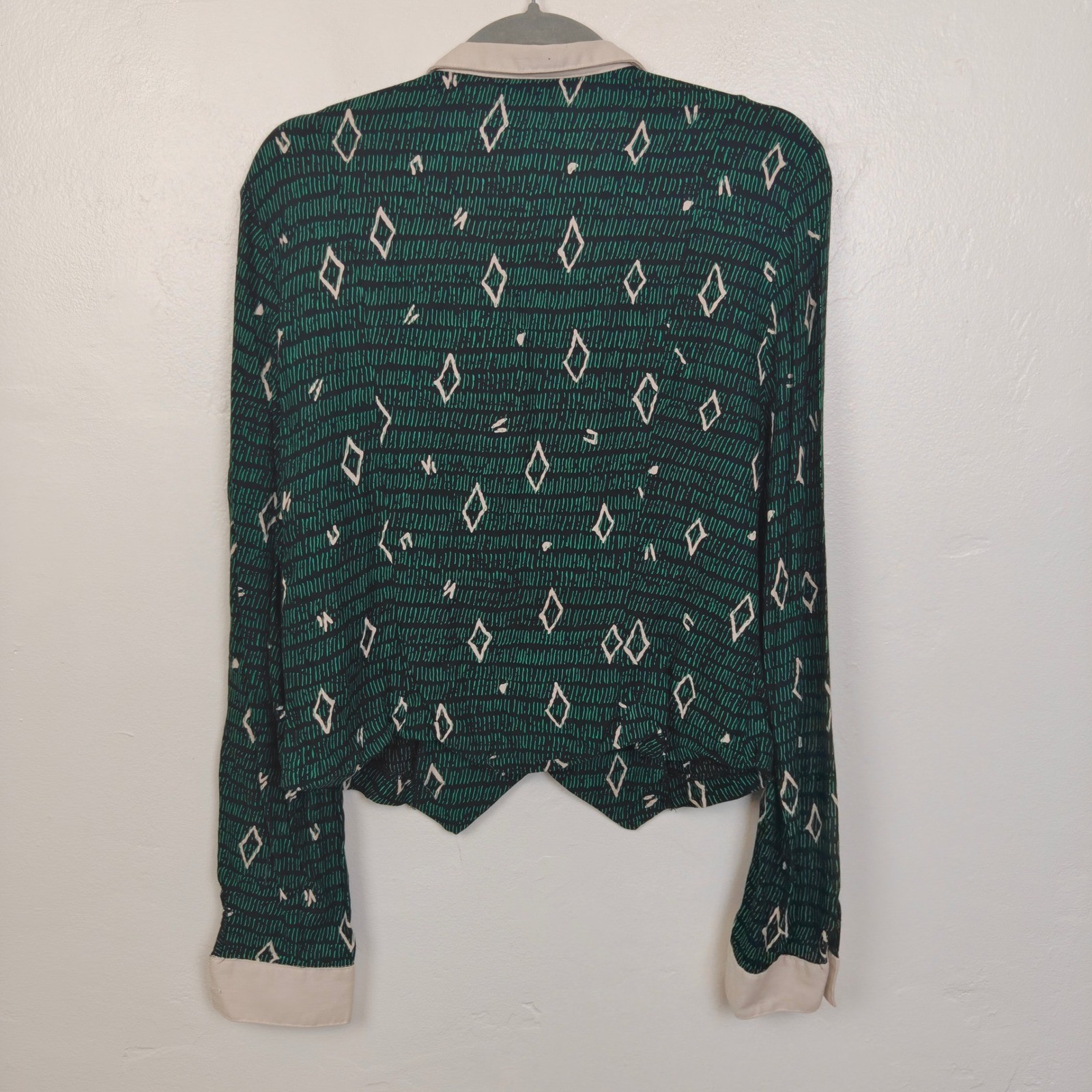 Vintage 90s Banjo Womens Top XL Green Geometric Rayon Contrast Collar Retro