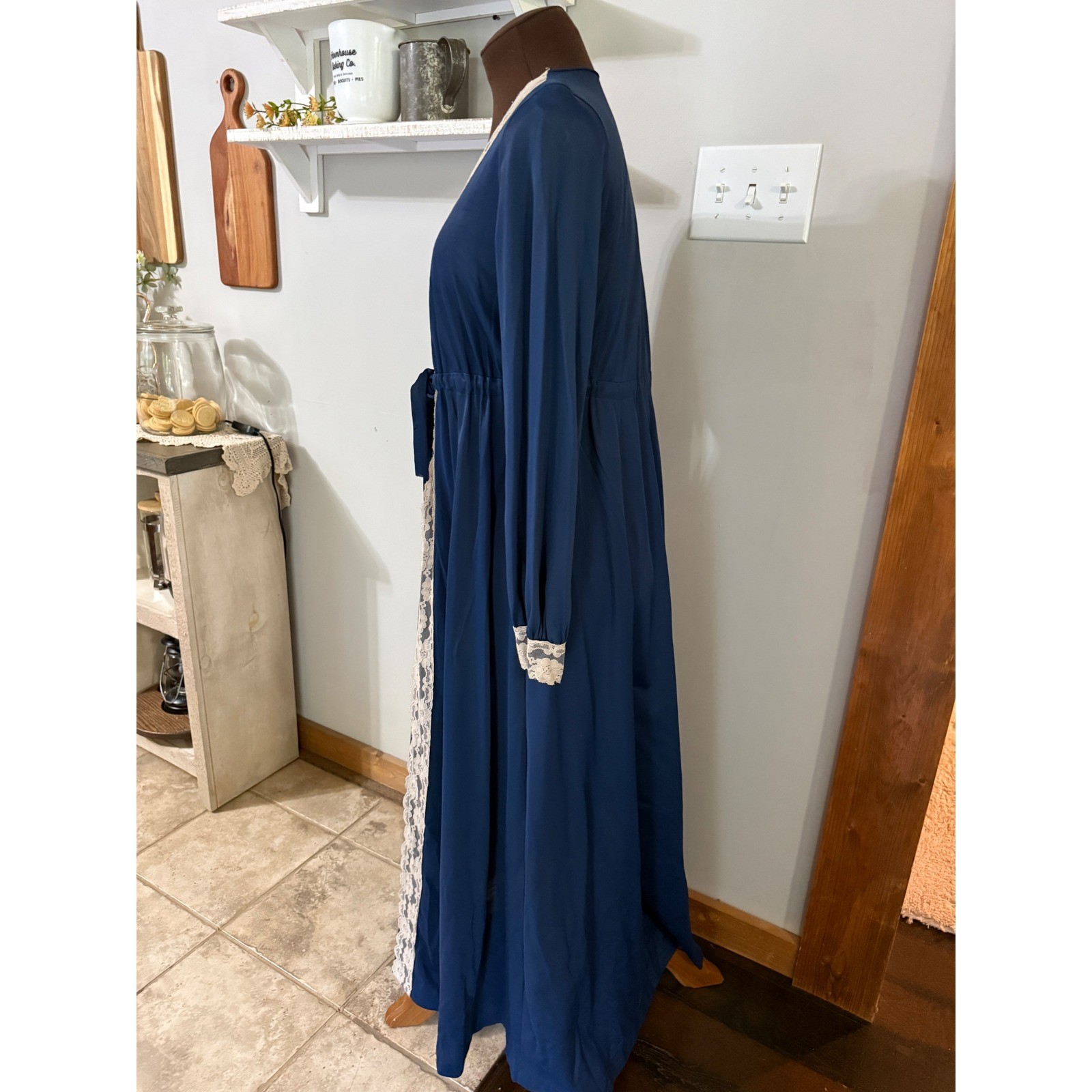Vintage Navy Satin Lace Trim Maxi Robe Empire Waist Long Sleeve Lingerie Gown