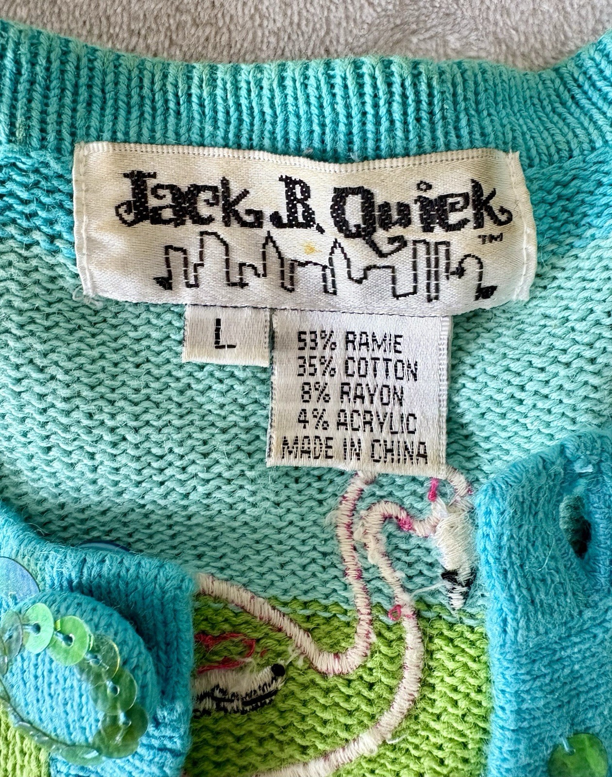 Jack B Quick VTG Sweater Flamingo Palm Trees Embroidery Large Ugly Sweater Party