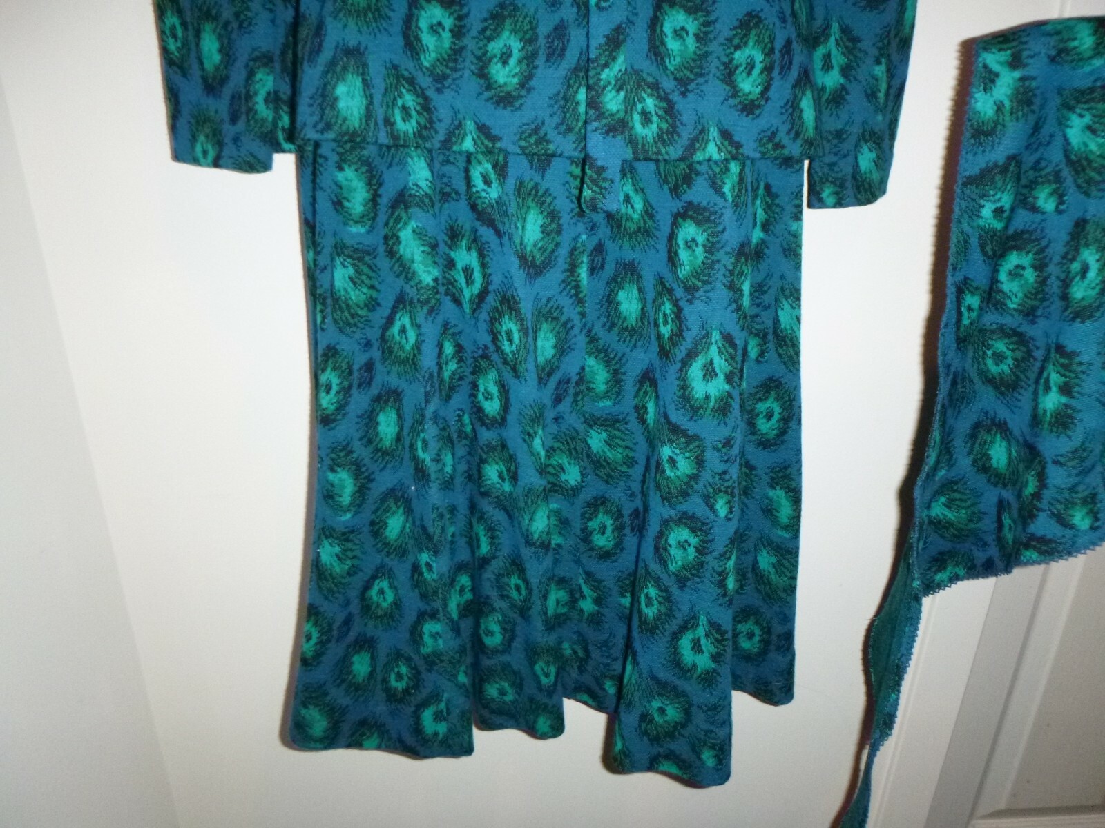 Vtg 60s Anjac Fashions Top Skirt & Scarf Knit Outfit Set Peacock Feathers Sz 12