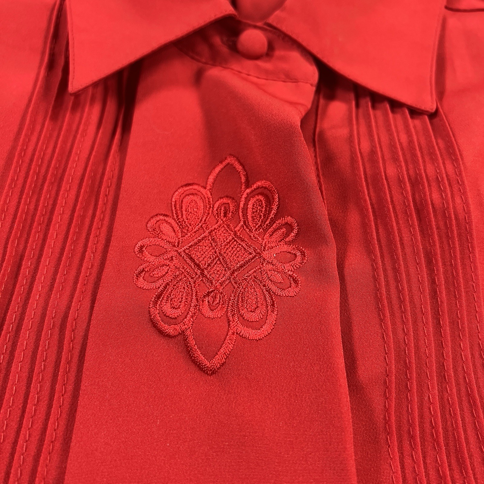 Vintage Yves St. Clair Petites 12P Red Pintuck Embroidered Blouse Shoulder Pads