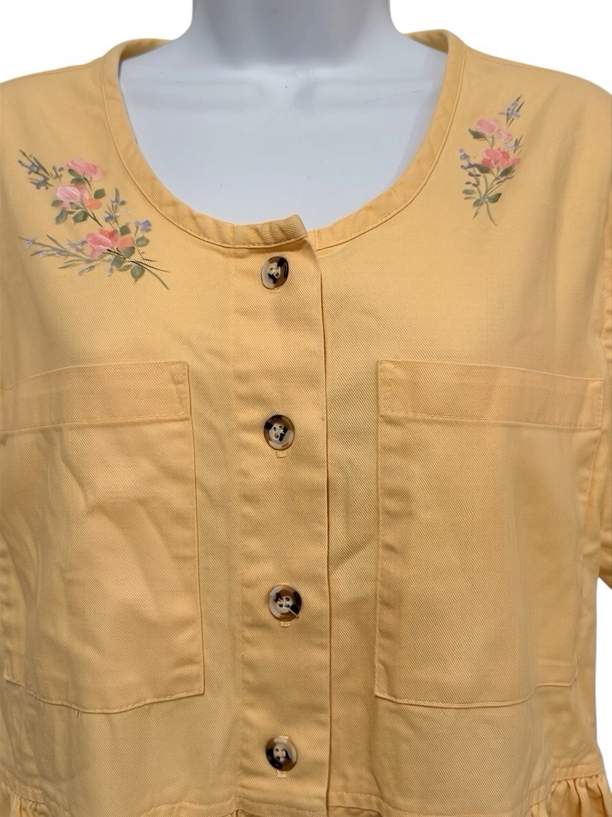 Vintage 90s Sunbelt Midi Dress L Yellow Handpainted Floral Cotton Button Front