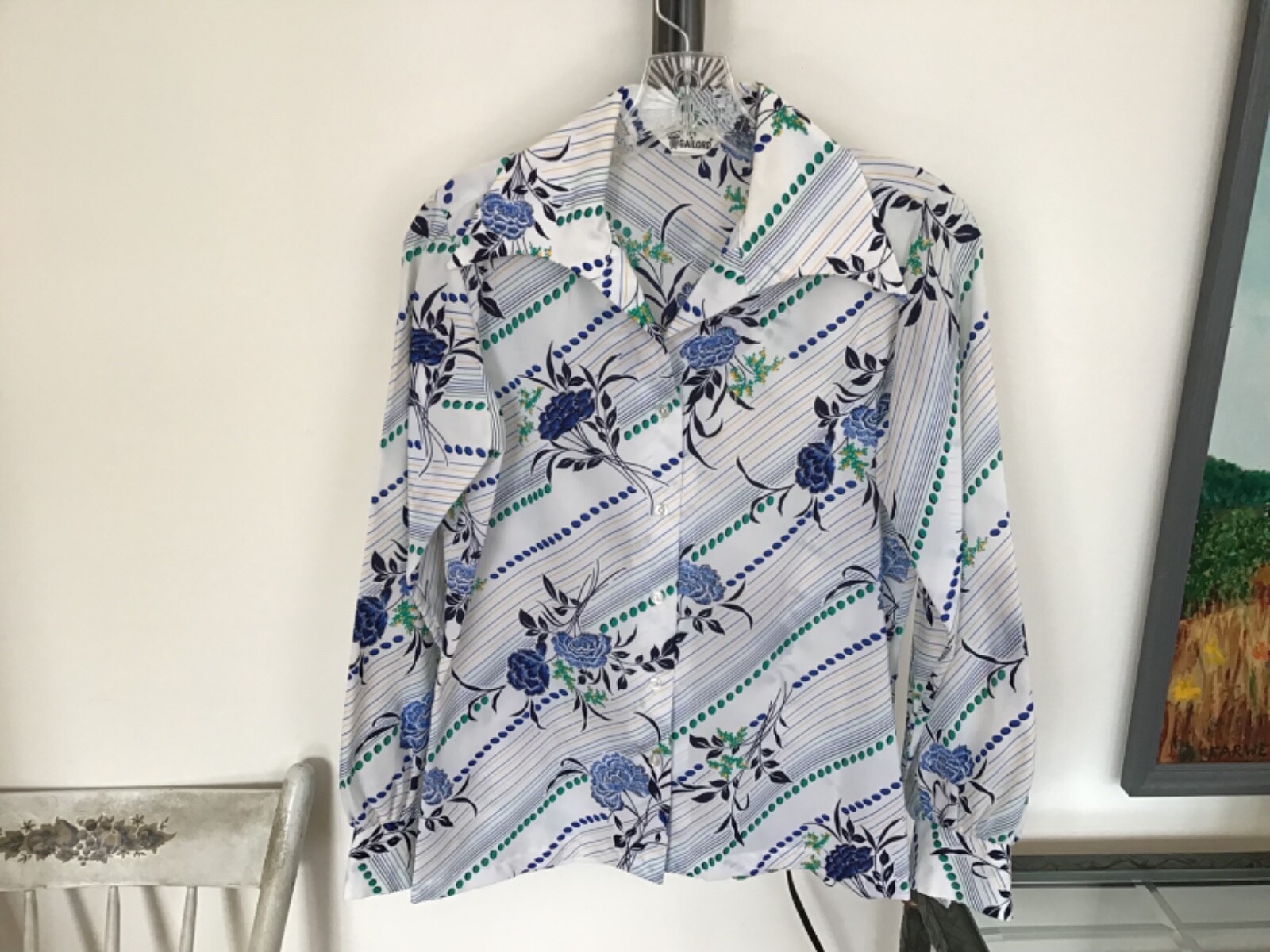 Vintage 70’s GAILORD Texturized Polyester Blue Floral Blouse Size 8 Disco Era!