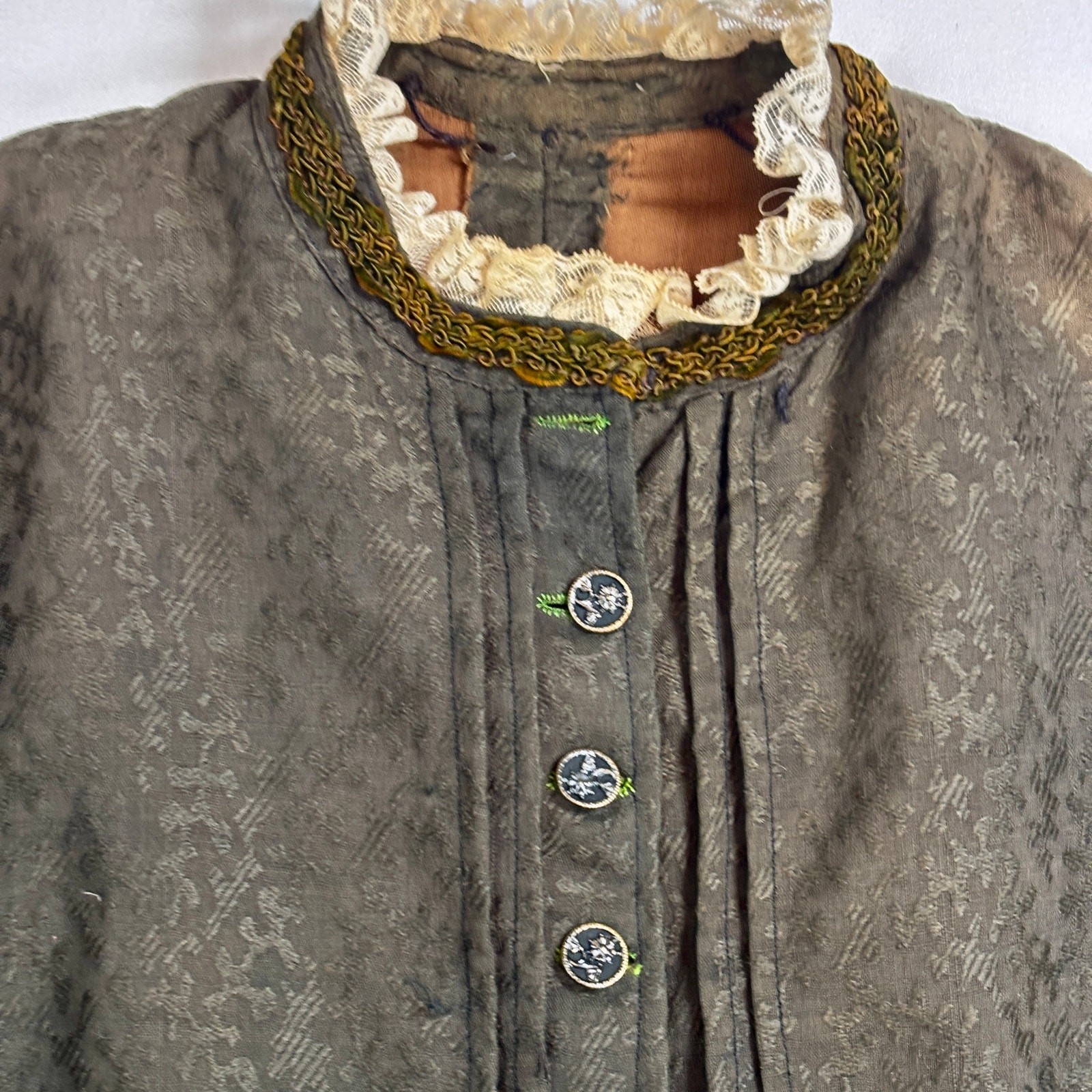 Antique Edwardian Moss Green Jacquard Wool Jacket Blouse Lace Floral Buttons