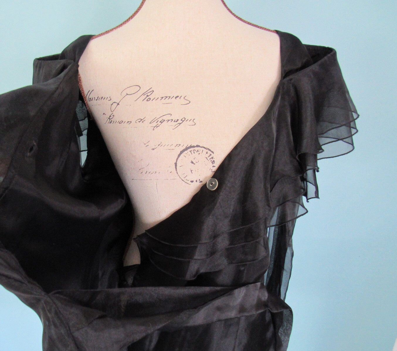 Size M HAMPTON NITES Black Wrap Blouse VINTAGE Shoulder Ruffles Sheer Sleeve