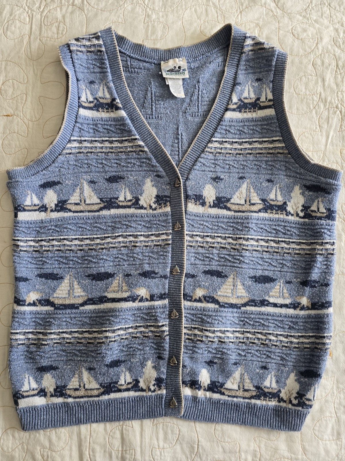 Vintage 90s Sailboat Northern Reflections Sweater Vest XL/TG Whimsical Buttons