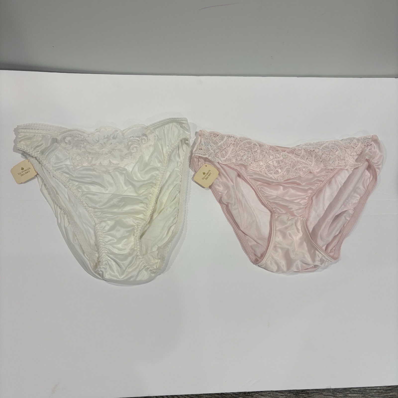 Vtg VICTORIAS SECRET Satin Panties Lot Gold Crown Label Lace Hi Cut NWT Sz L