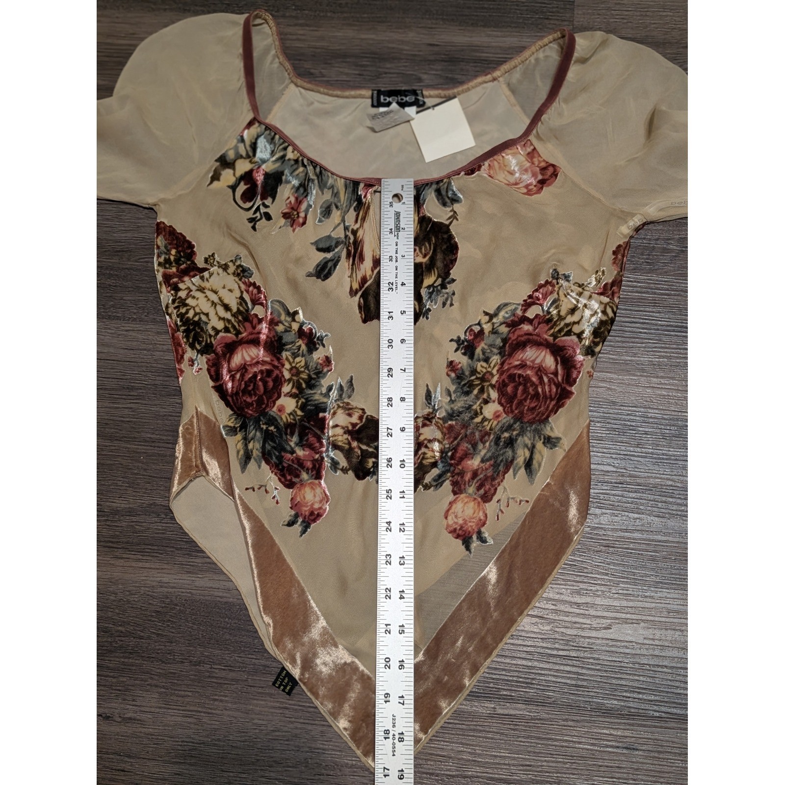 Bebe Vintage Y2K Burnout Floral Velvet Hankie Hem Top Beige Sheer Mesh Medium