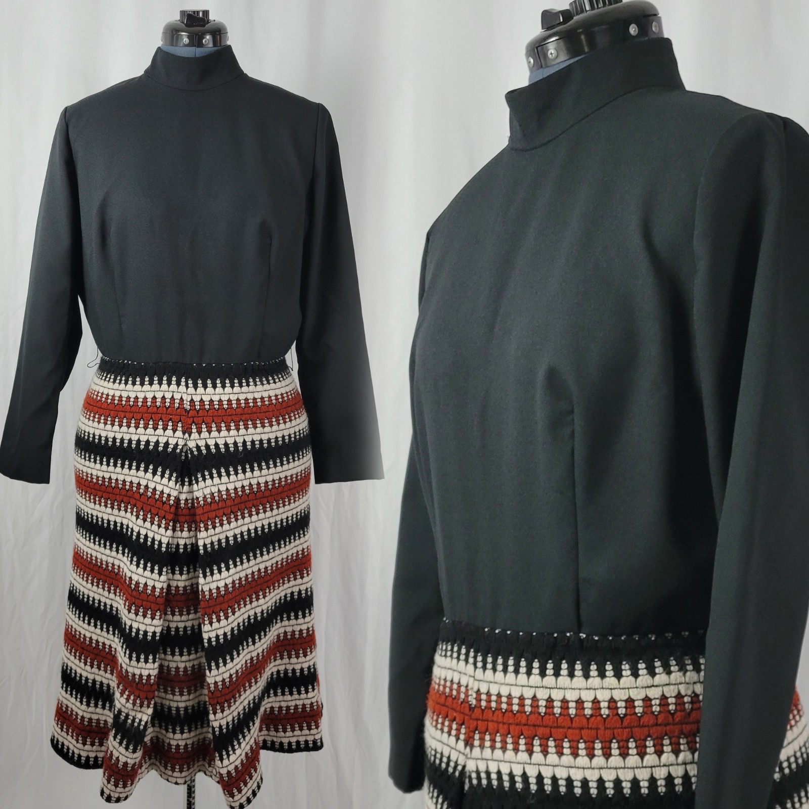 Vtg Willi of CA Dress w Black and Black/Brown/Cream Woven Striped Skirt Size 16