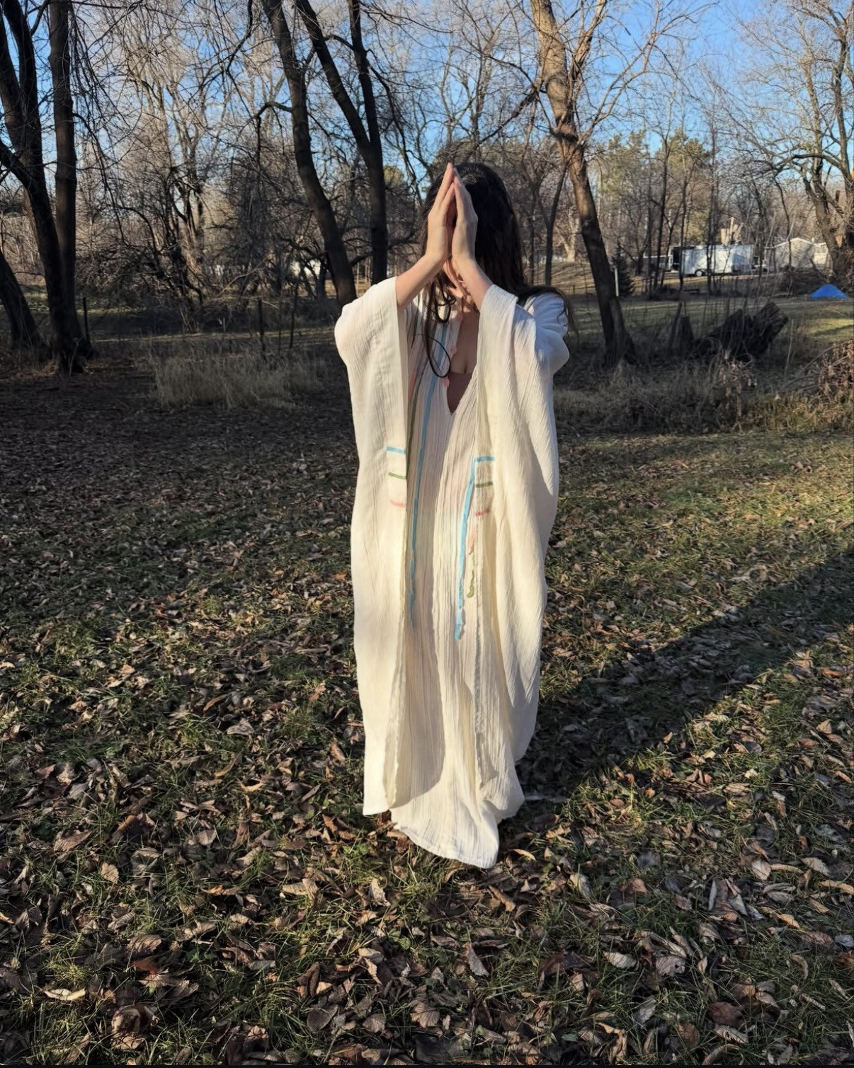 Vintage 1970s Cotton Gauze Ribbon Caftan Open Size