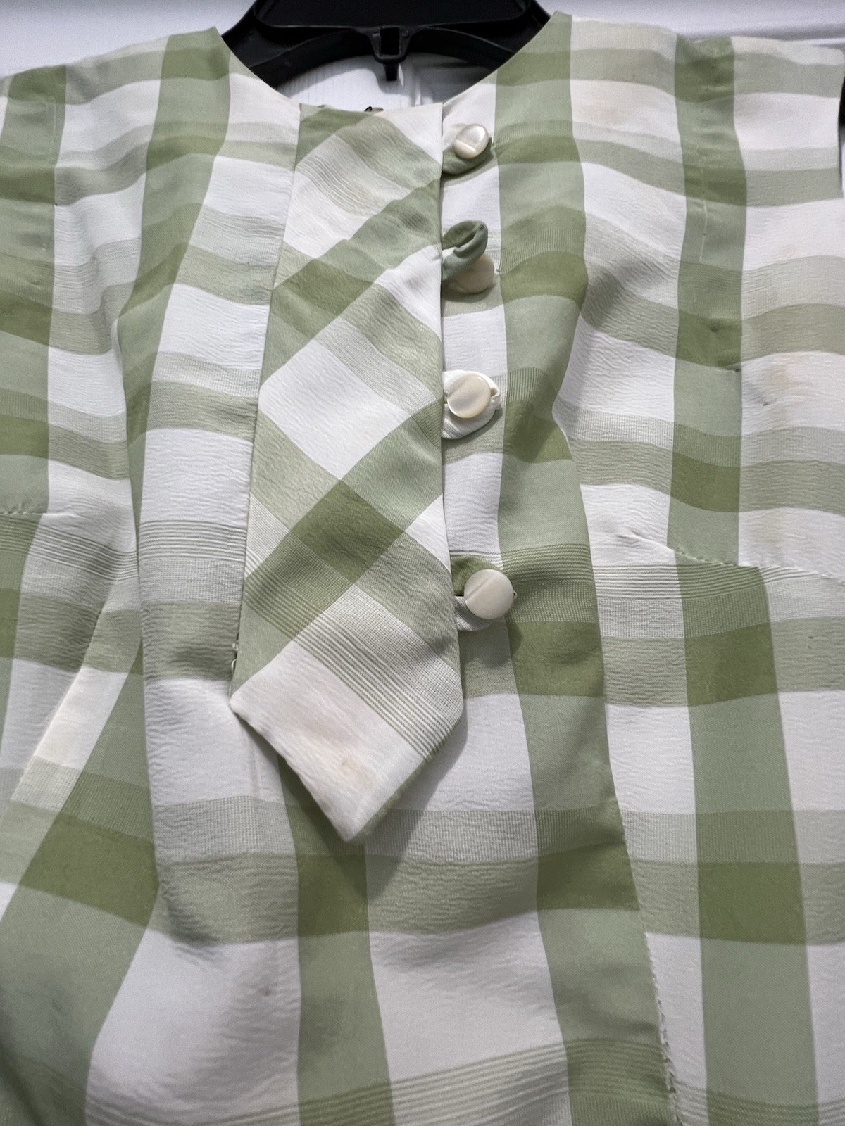 Vintage 1940-50’s Green Gingham Check Dress Zip Pleated No Sleeves XS Homemade