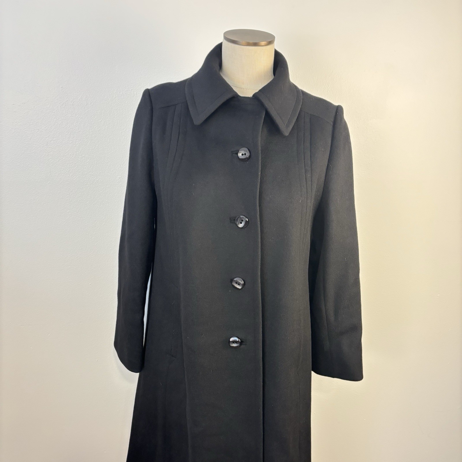 VTG 1960s Stevens Forstmann Black Wool Swing Coat Mod Jacki O Style Quiet Luxury