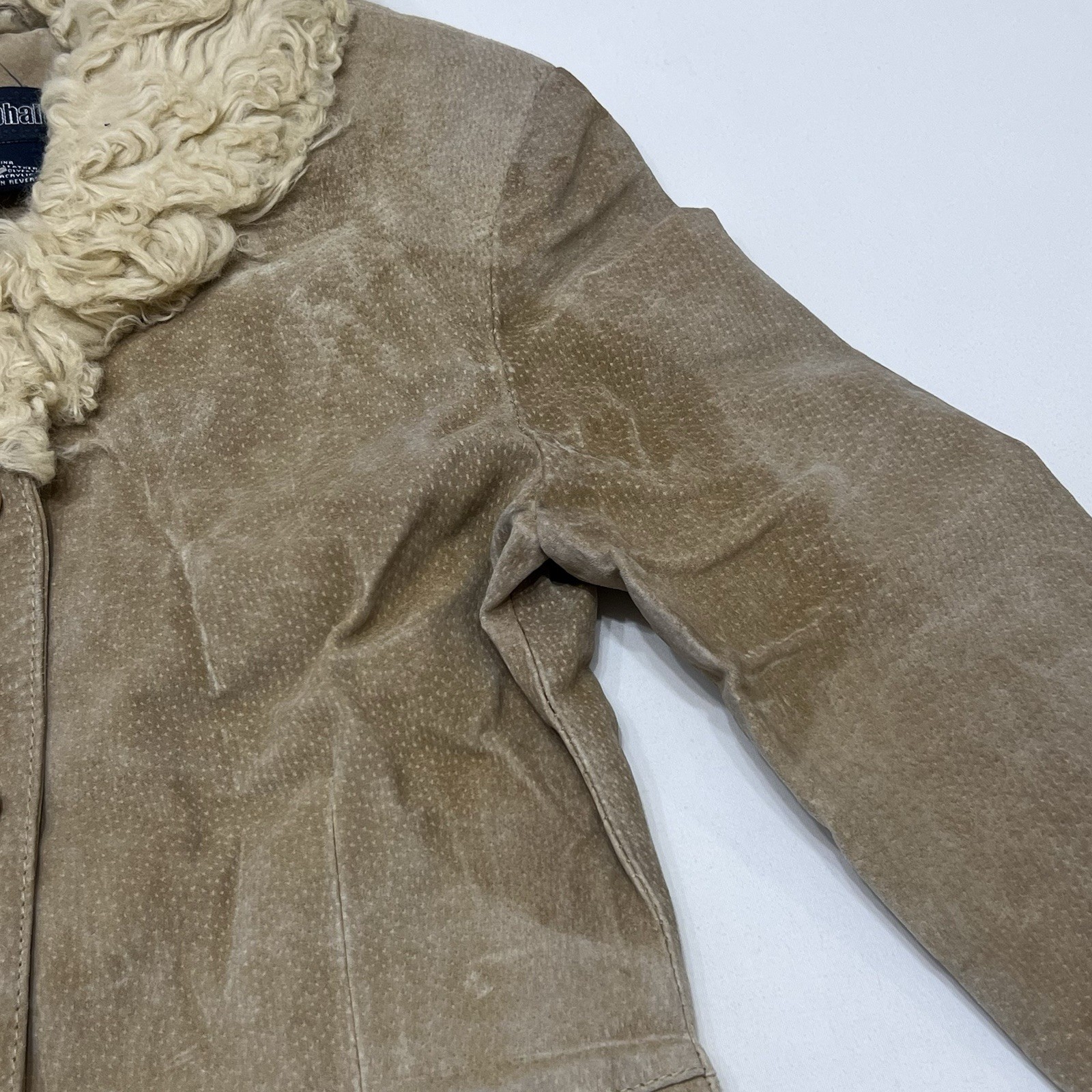 Vintage Blue Asphalt Penny Lane Coat Tan Suede Leather Faux Fur Trim size Small
