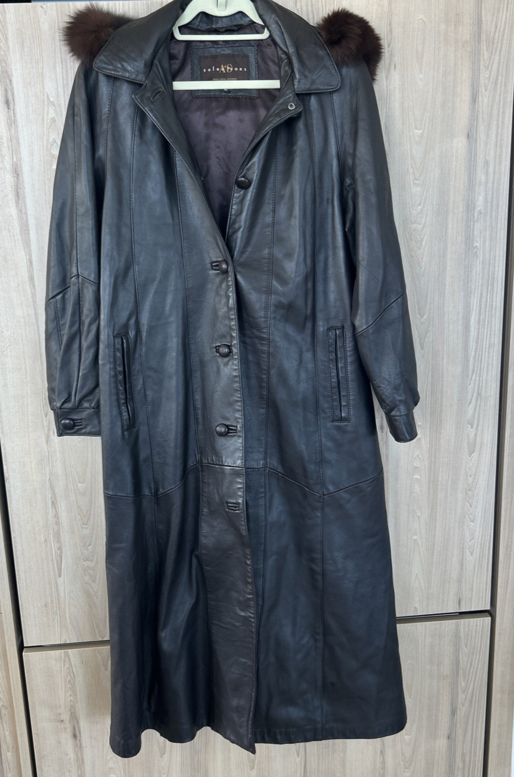 Vintage Leather Coat Womens M Brown Lamb Leather Fur Trim Hood Made Canada Long