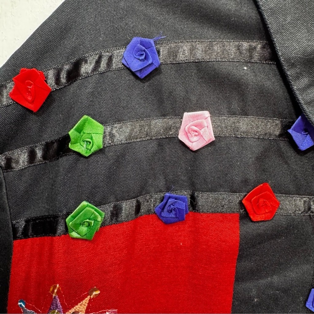 Vintage Patchwork Statement Jacket Colorful Ribbon Rosettes Sequins Embroidery