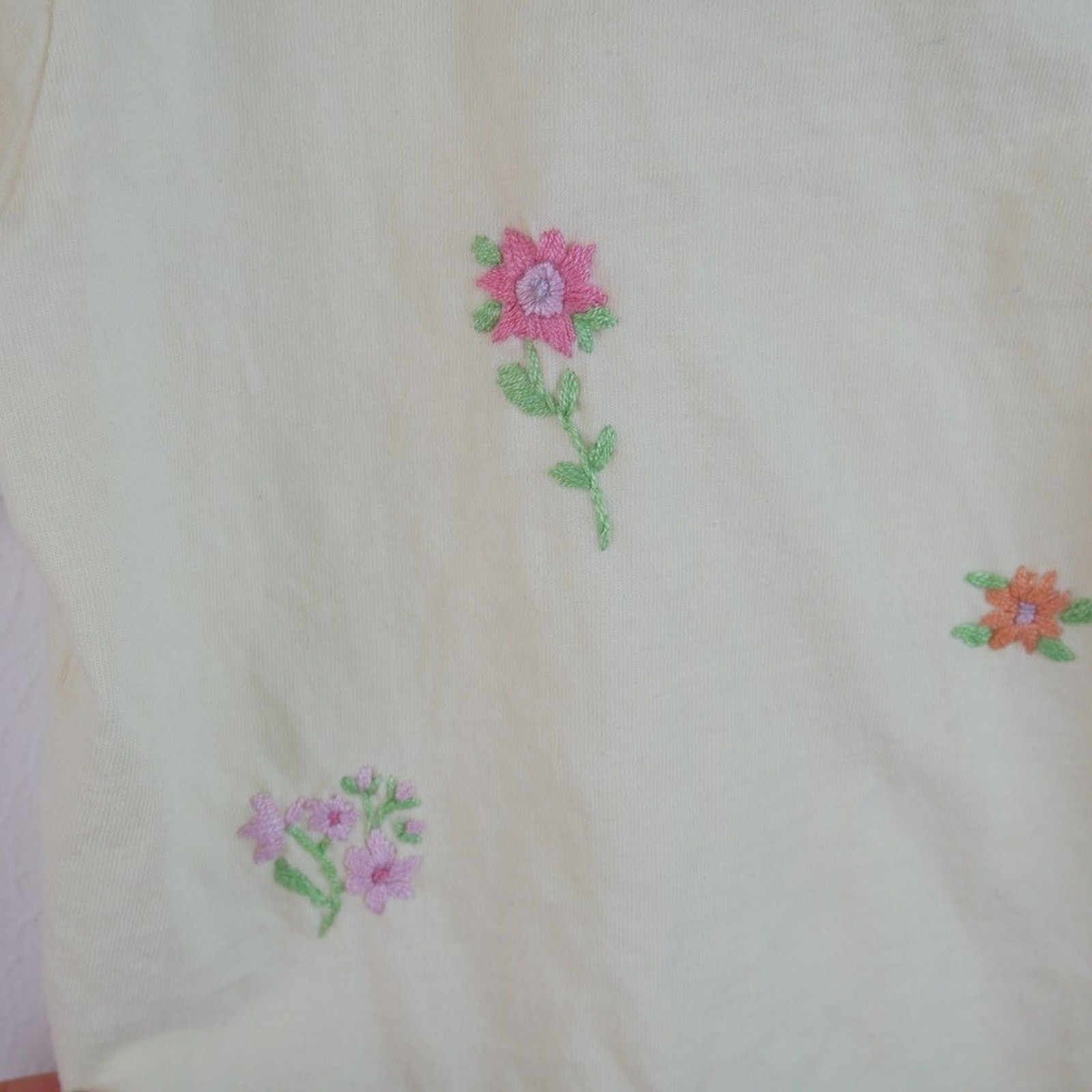 Vintage 90s Butter Yellow T Shirt Floral Embroidered Handmade Grandma Core Small