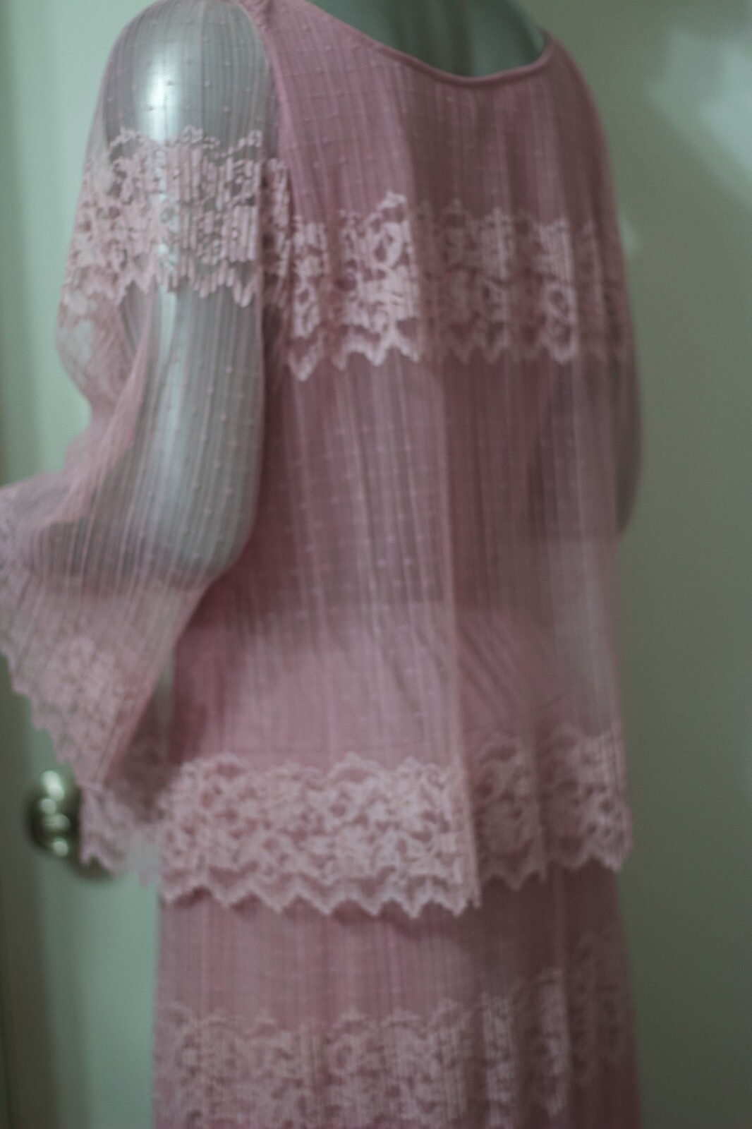 VTG 70s Pink Lavender Sheer Lace Floral Formal Evening Maxi Dress