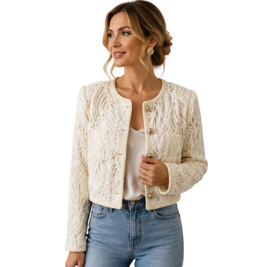 VTG A. Peach Ribbon Embroidered Cropped Jacket Ivory Gold Buttons M