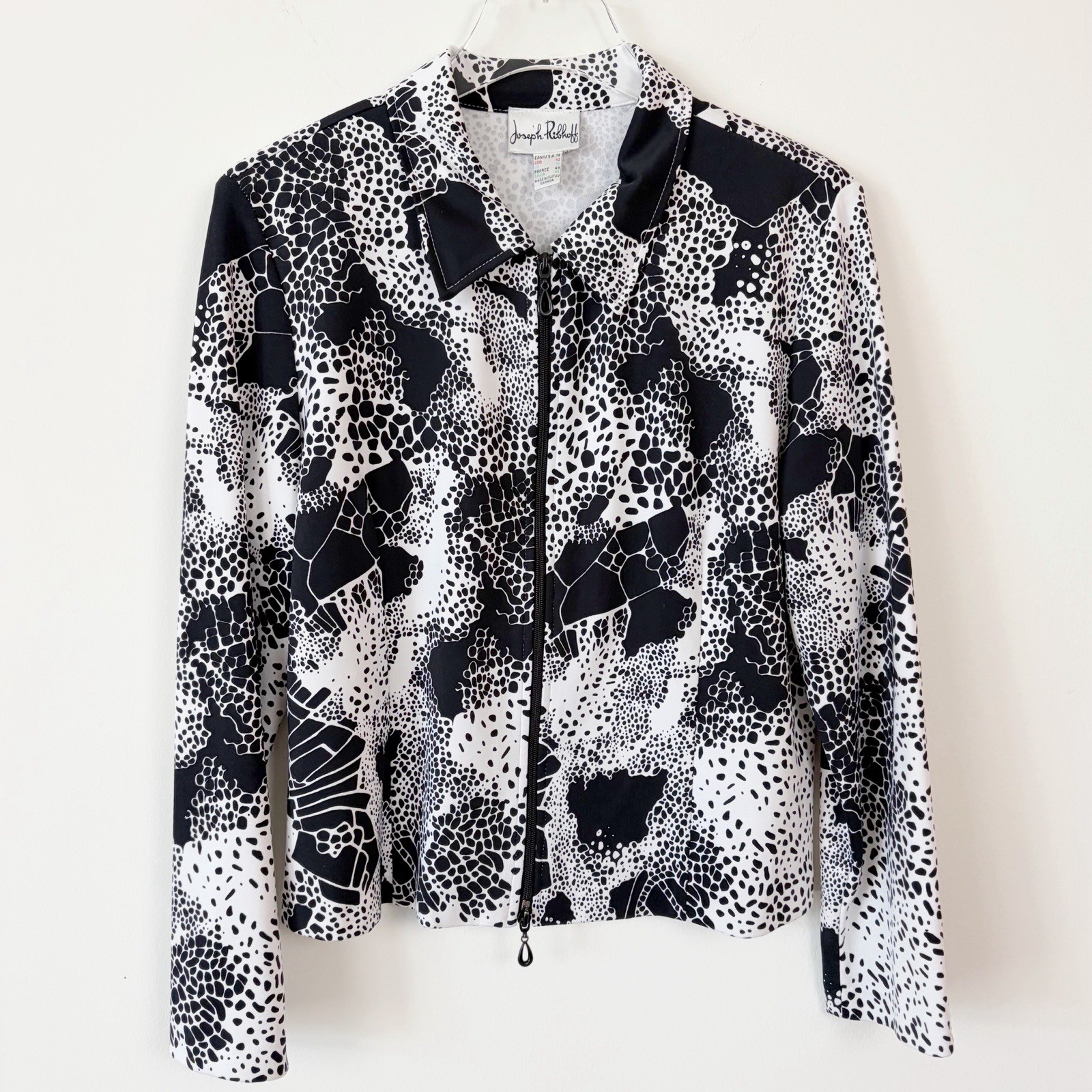 Vintage Joseph Ribkoff Black & White Abstract Zip Jacket Womens Size 14 Stretch