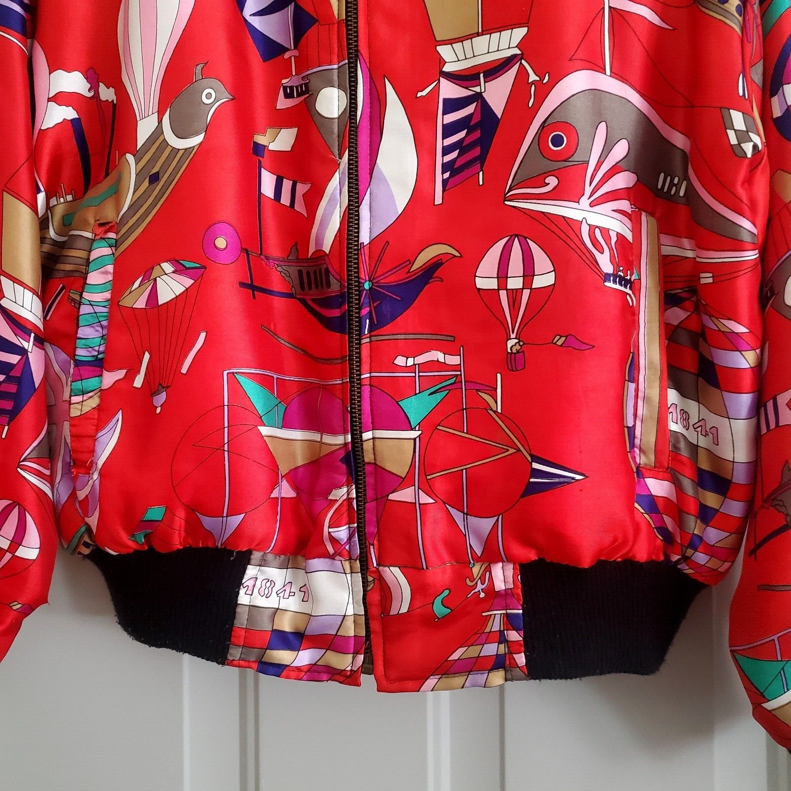 Rare Vintage 80s Angela Tong Satin Bomber Hip-Hop Jacket Red Balloon Print Large