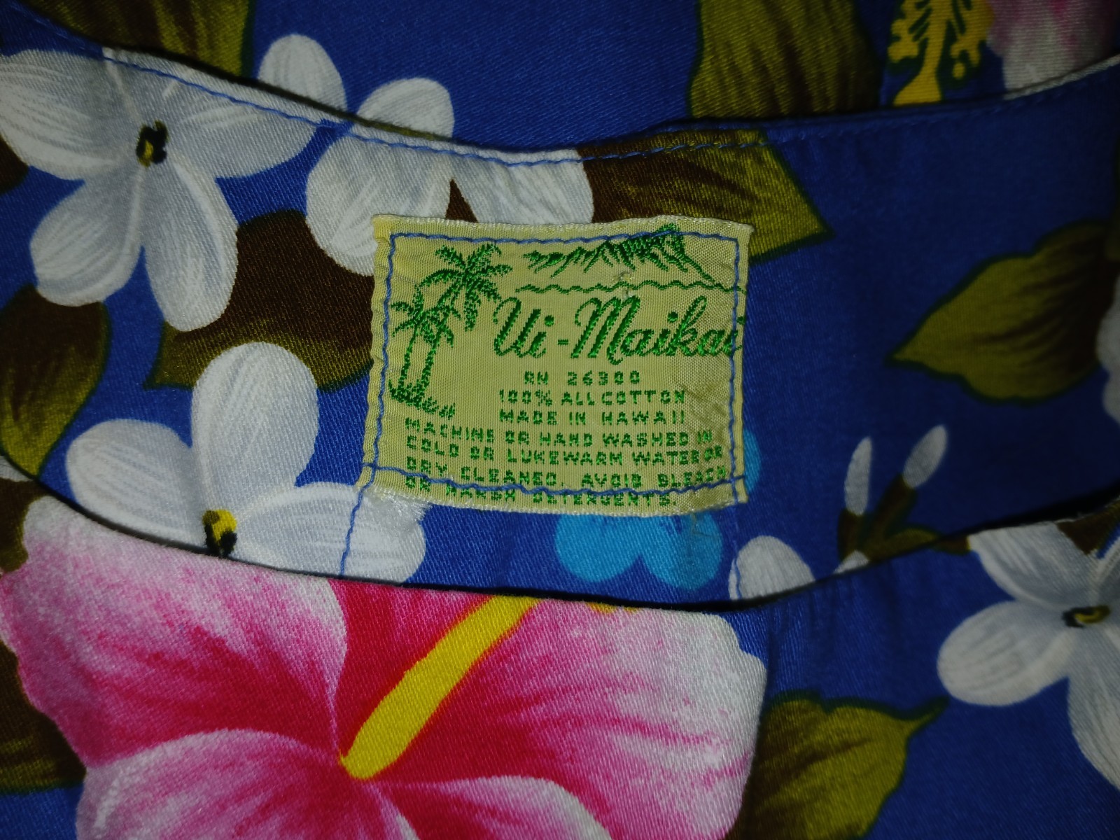Vintage 60s Ui-Maikai Blue Hawaiian Pink Hibiscus Cotton Muumuu Dress XL Tiki O