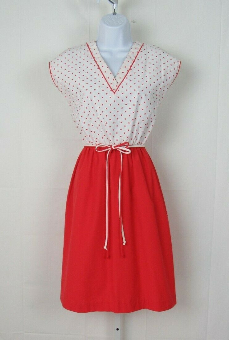 VTG 1970s SANSAGE DRESS & BELT RED WHITE POLKA DOTS BELT COTTON BLEND