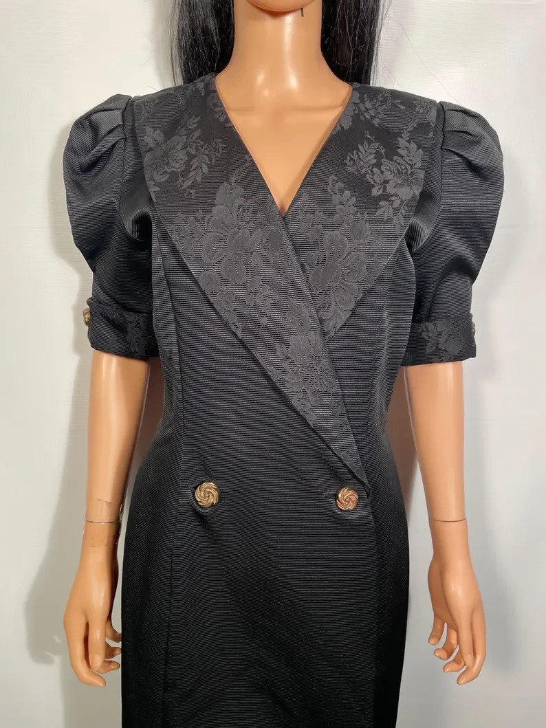 Vintage 1980s Black Taffeta Tuxedo Dress With Floral Brocade Collar Size S/M
