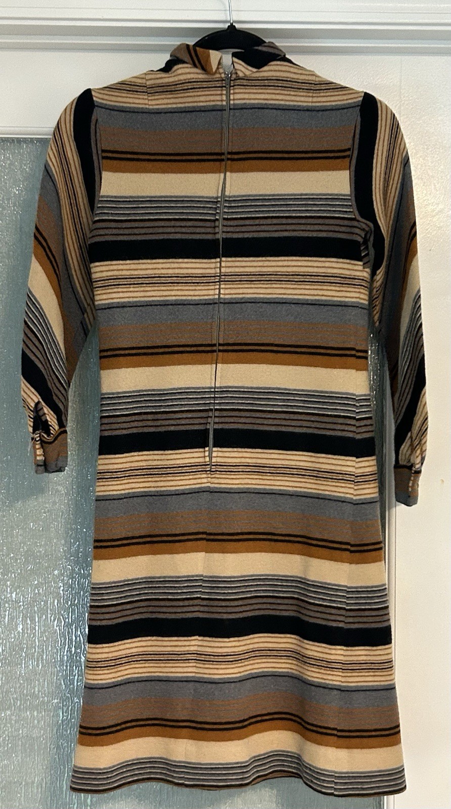 VTG 70s R&K Originals Mod Striped Sheath Dress Brown Black Gray Beige