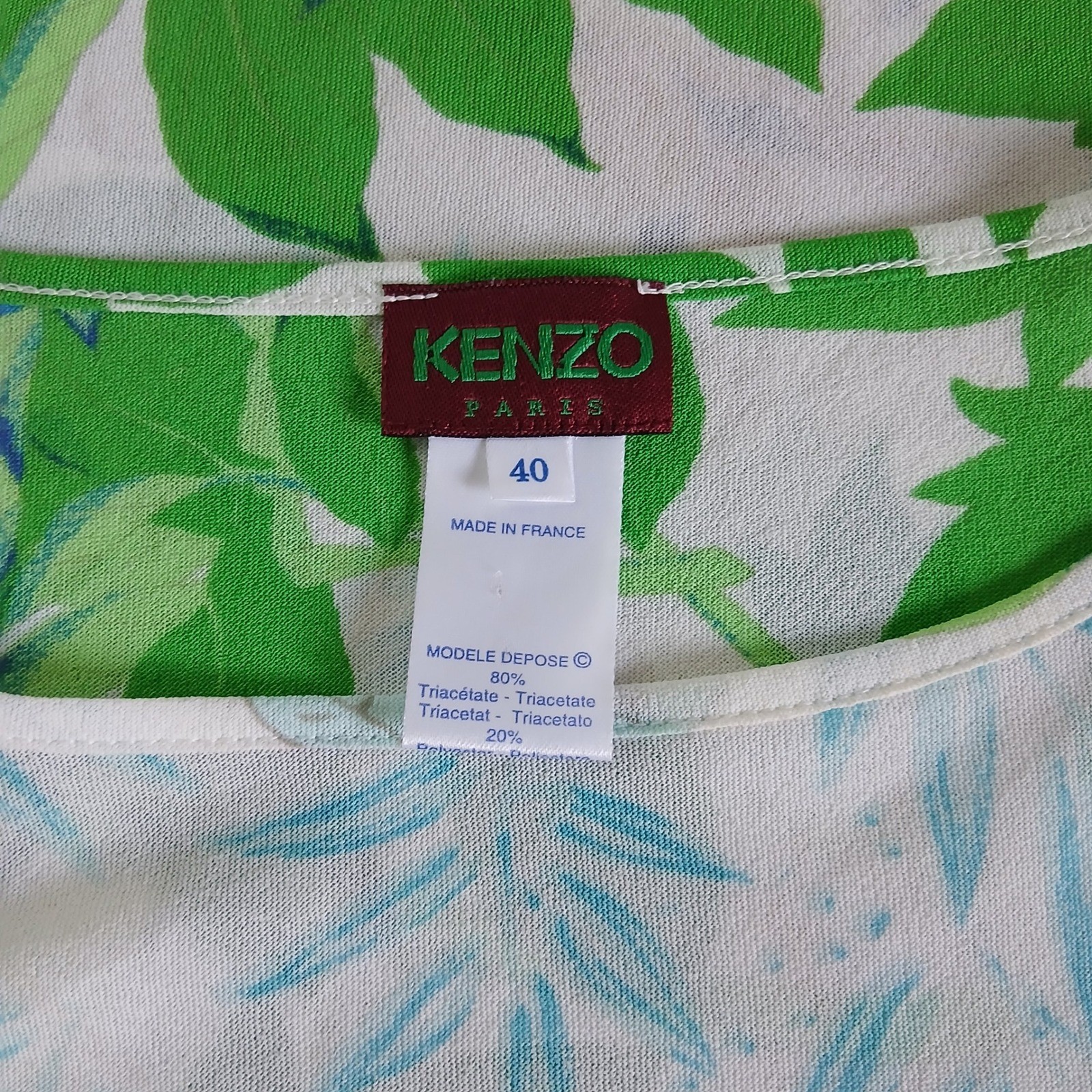 Kenzo Paris Vintage Floral Sleeveless Blouse White Blue Green Made in France 40