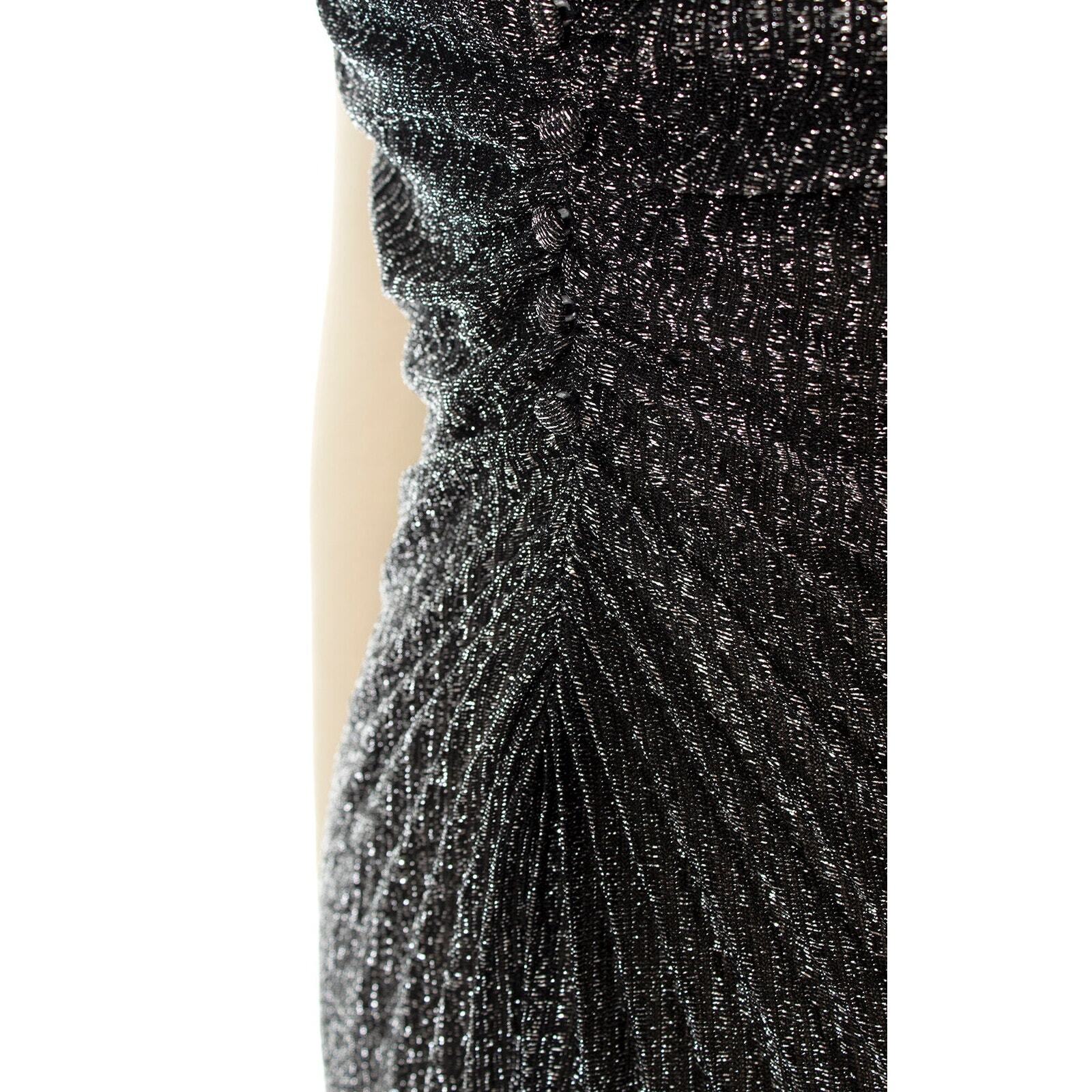 Vintage 1980s Party Dress 80s Metallic Black Silver Travilla Pleated Cocktail