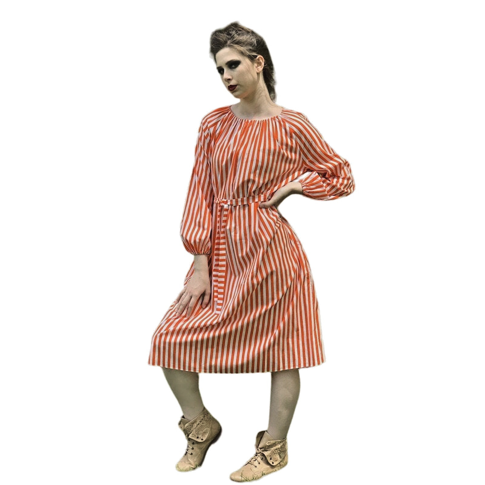 VTG 1970s Vuokko Finland Orange Stripe Cotton Dress Peasant Style w Belt Sz S/M